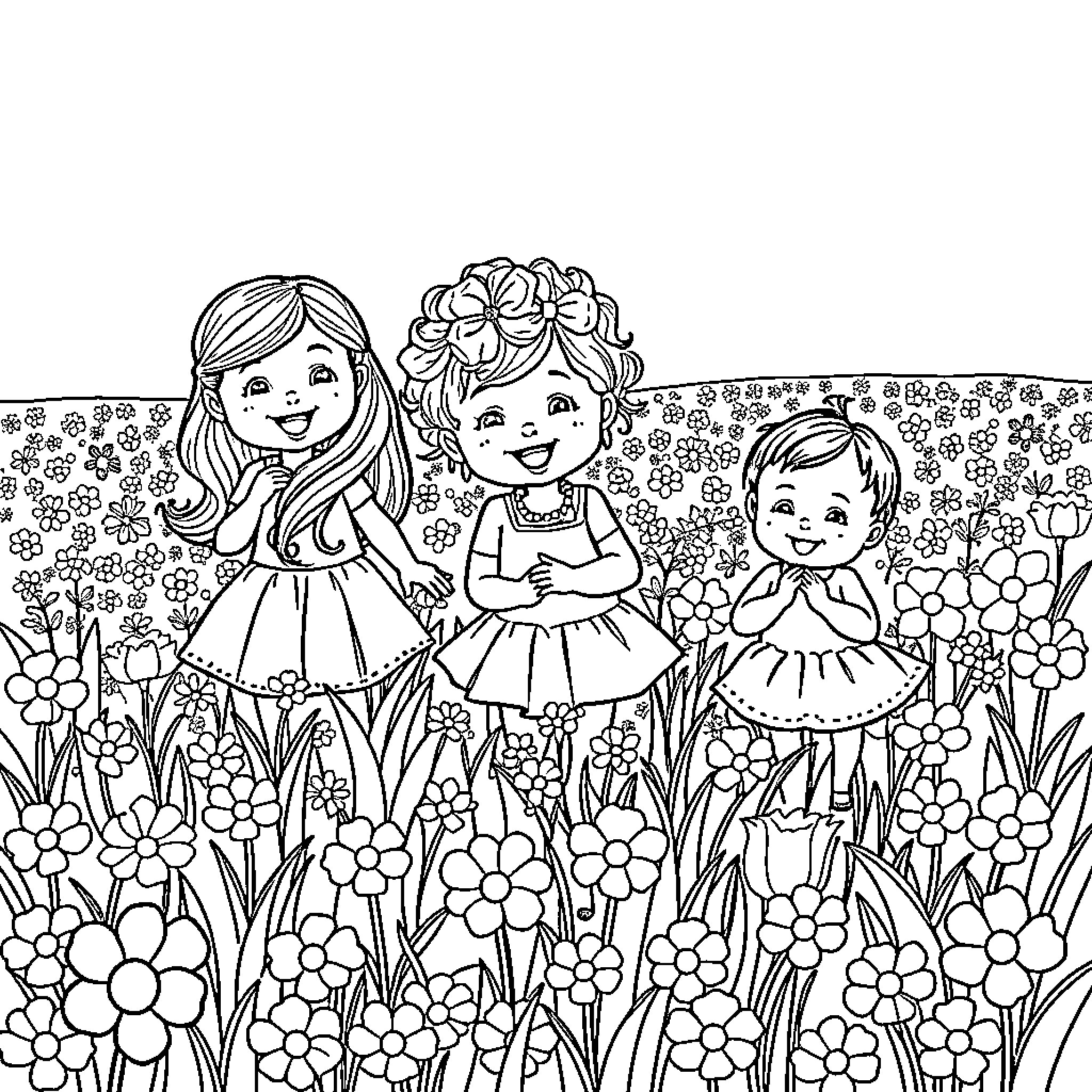 Girl's Flower Field Adventure Coloring Page (free black-and-white line drawing printable PDF for all, from beginners to advanced learners, including children, teens, adults, and seniors)