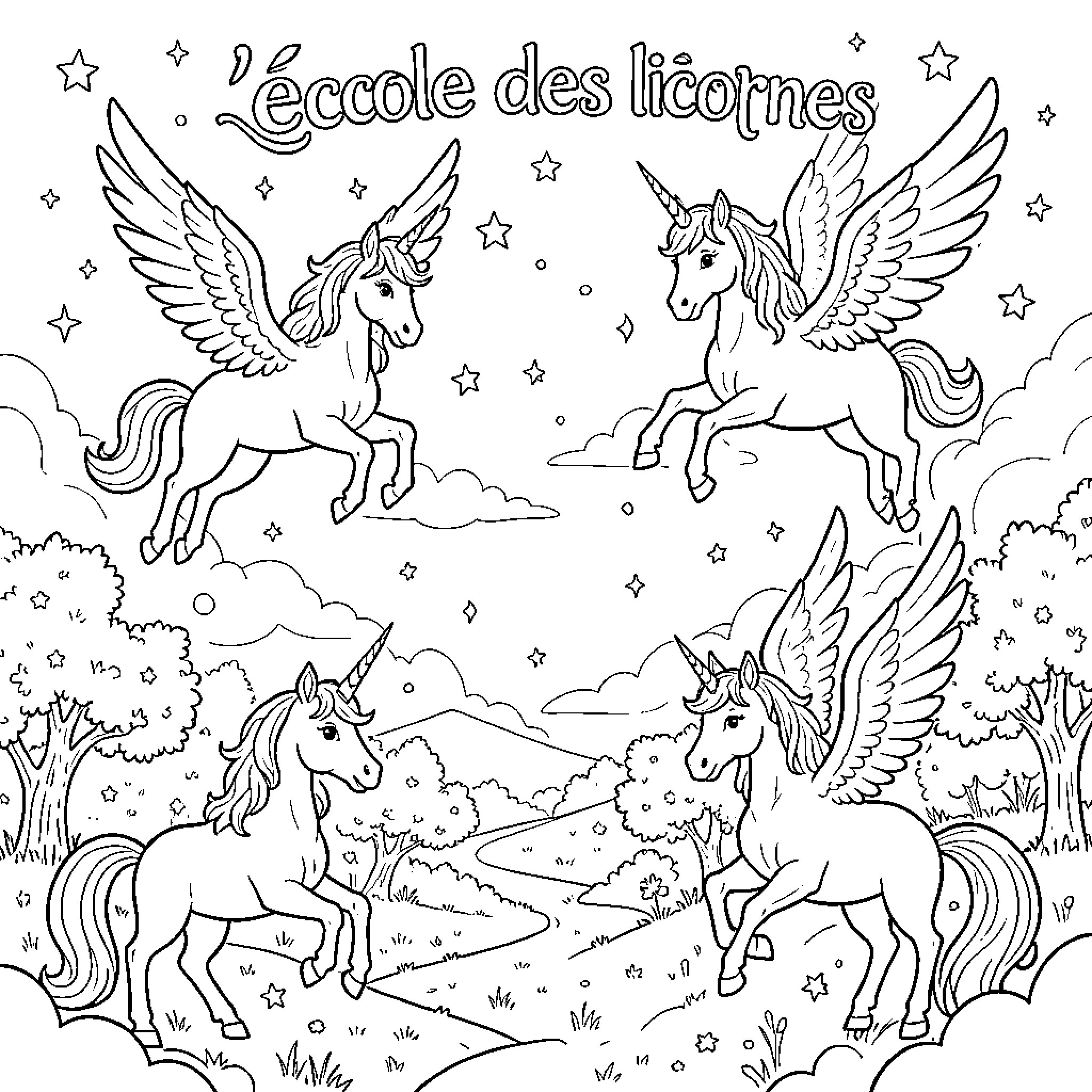 Unicorns flying and walking through a magical landscape Coloring Page (free black-and-white line drawing printable PDF for all, from beginners to advanced learners, including children, teens, adults, and seniors)