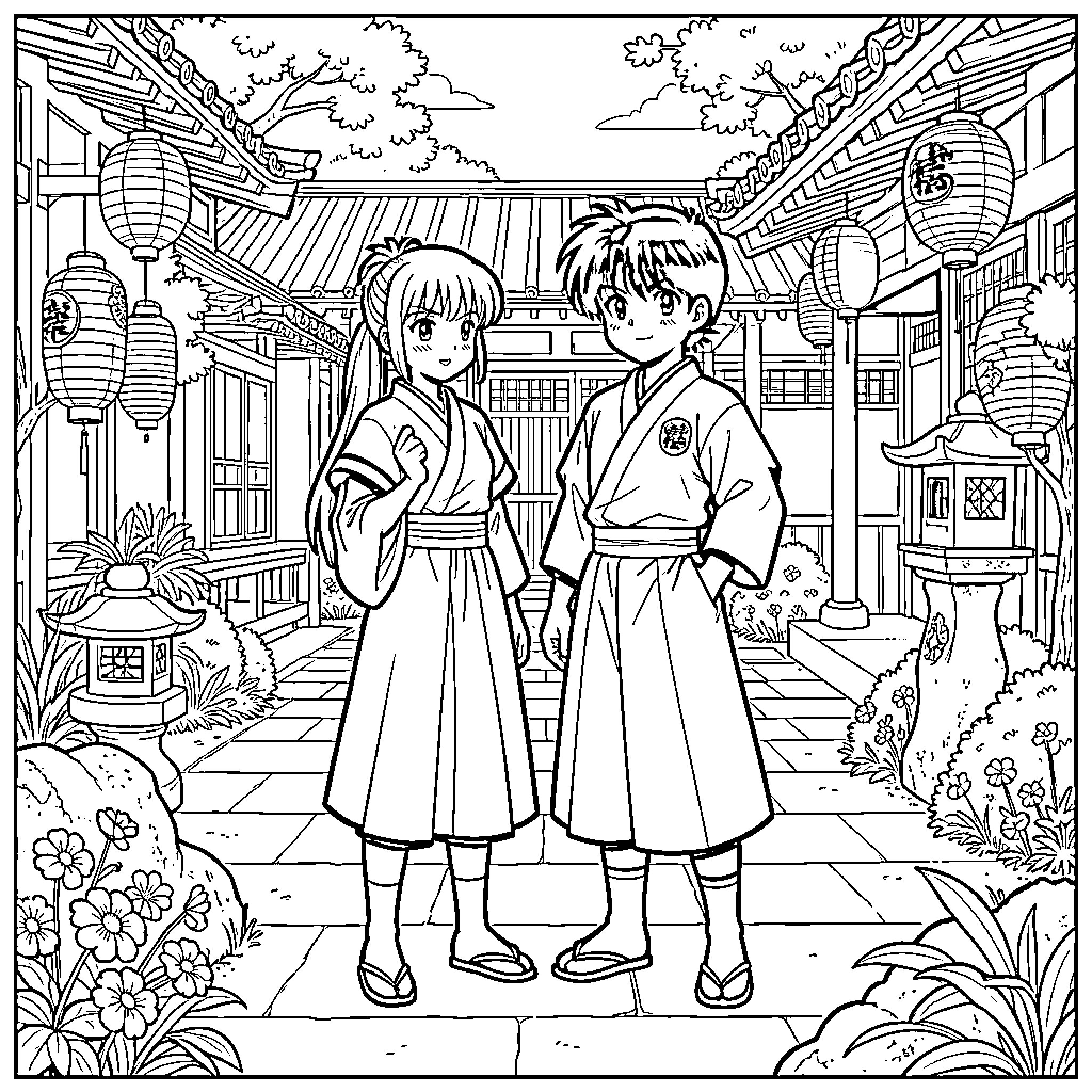 Ranma and Akane in Traditional Japanese Attire Coloring Page (free black-and-white line drawing printable PDF for all, from beginners to advanced learners, including children, teens, adults, and seniors)