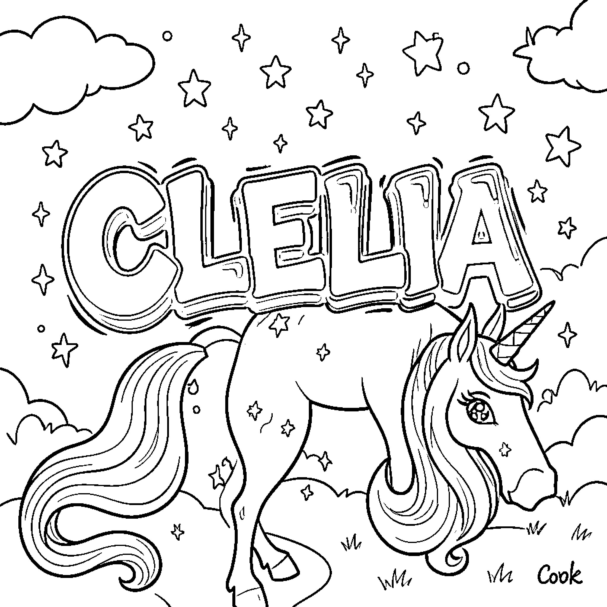 Unicorn with starry sky and clouds Coloring Page (free black-and-white line drawing printable PDF for all, from beginners to advanced learners, including children, teens, adults, and seniors)