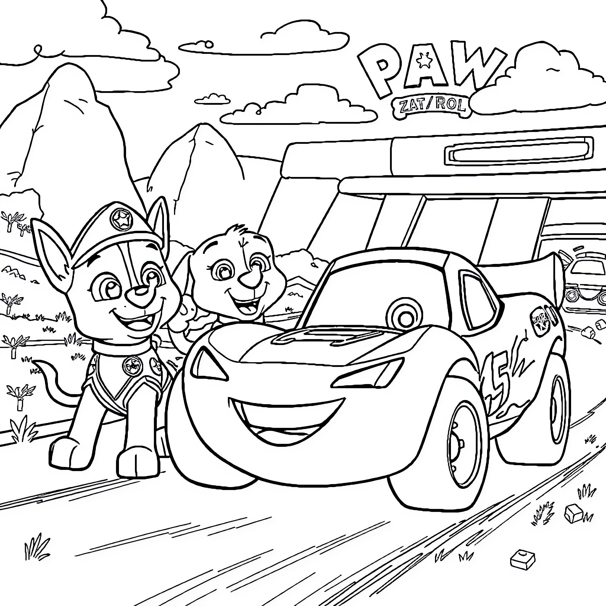 Paw Patrol characters in an adventure scene Coloring Page (free black-and-white line drawing printable PDF for all, from beginners to advanced learners, including children, teens, adults, and seniors)