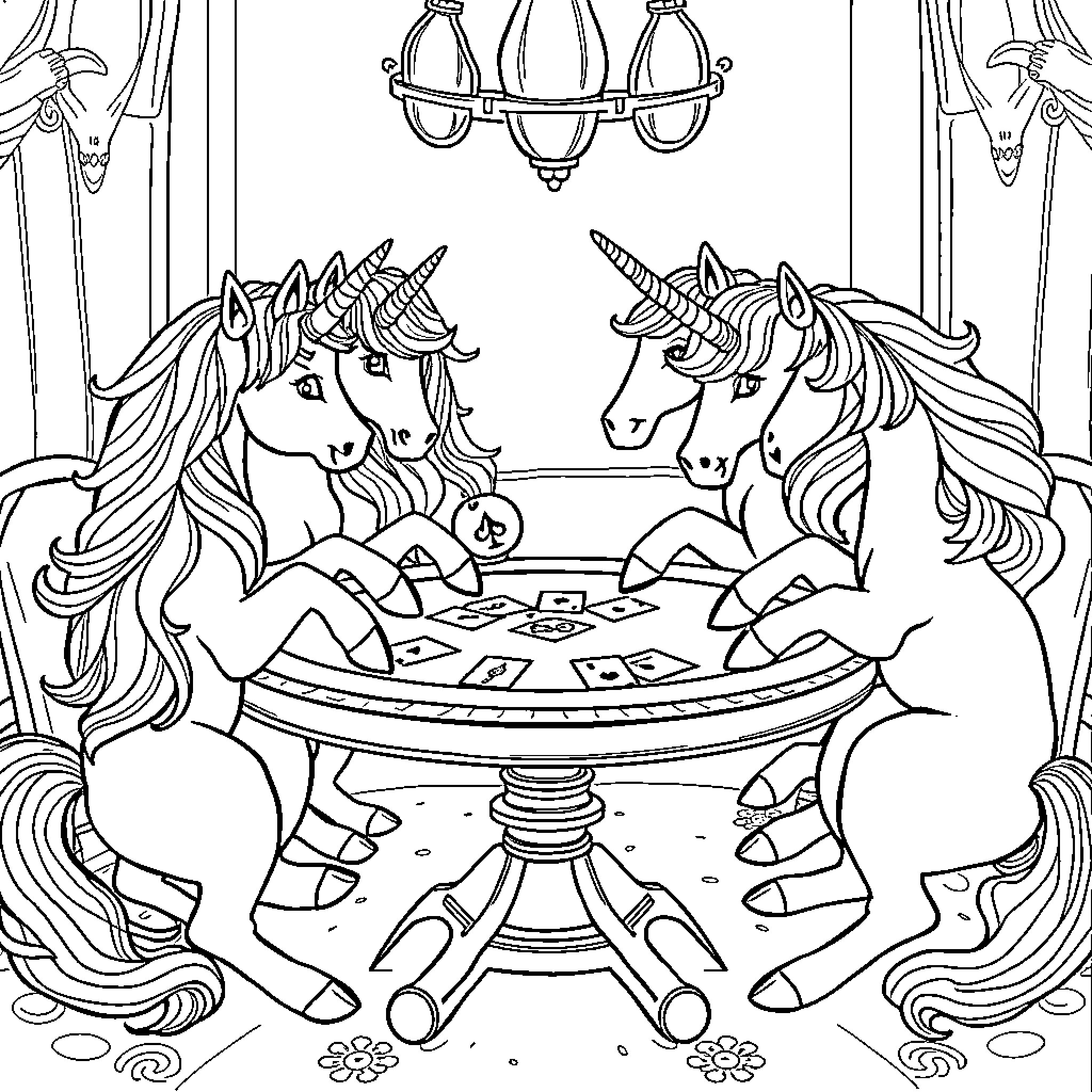 Unicorn companions having a tea party Coloring Page (free black-and-white line drawing printable PDF for all, from beginners to advanced learners, including children, teens, adults, and seniors)