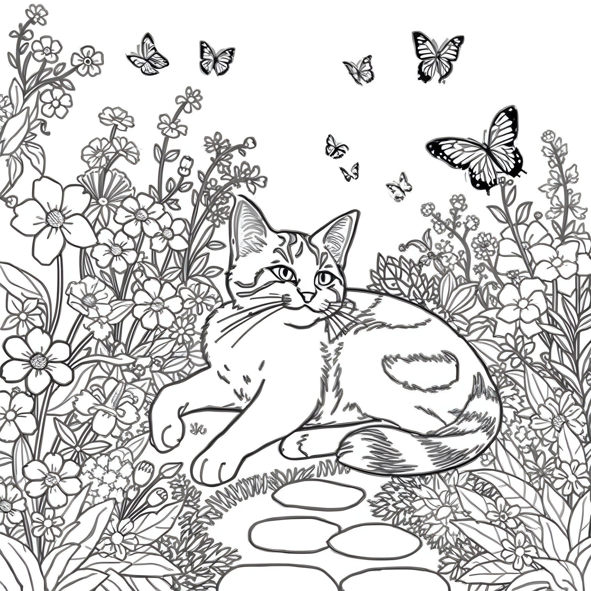 Calico Cat in Blooming Floral Garden Coloring Page (free black-and-white line drawing printable PDF for all, from beginners to advanced learners, including children, teens, adults, and seniors)