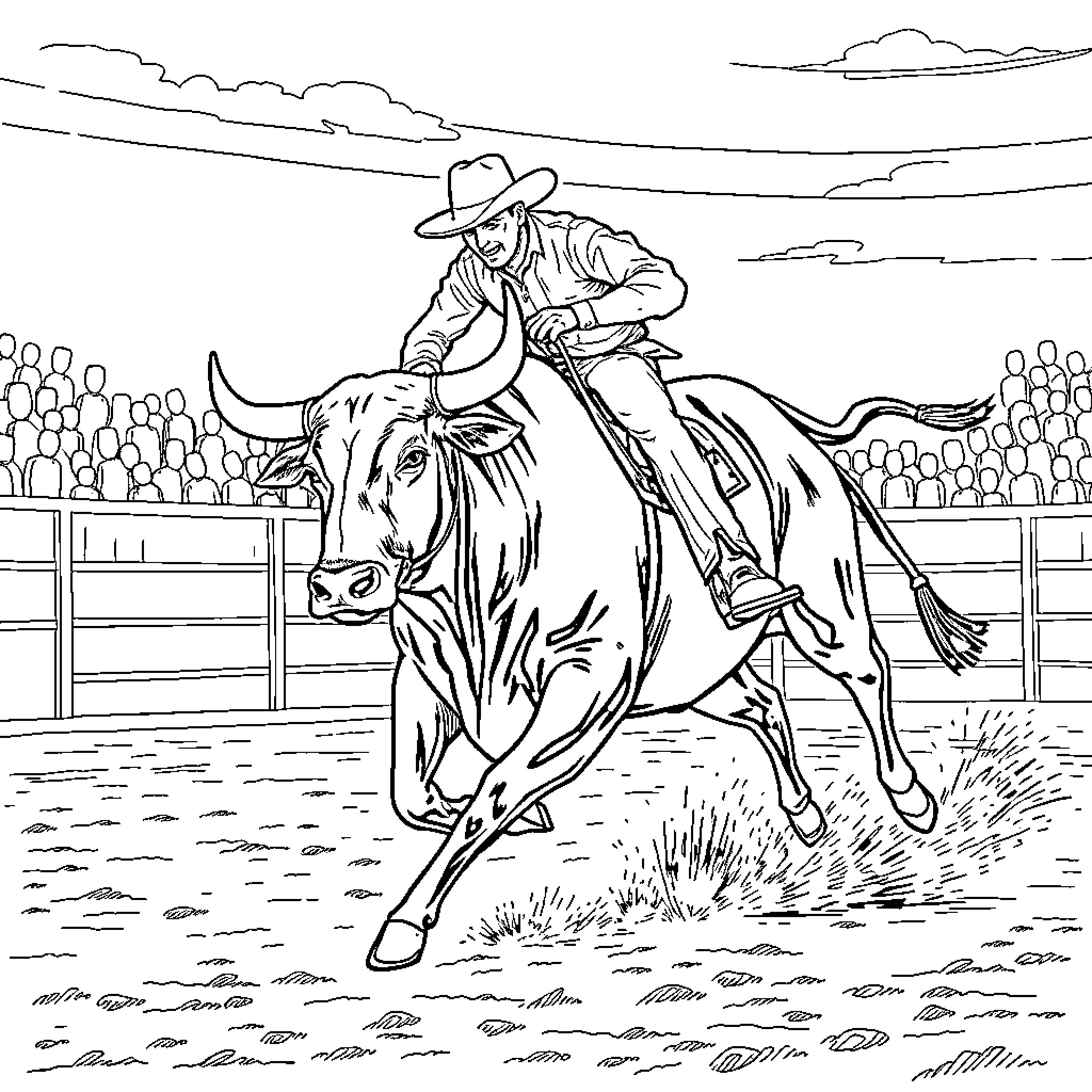 Bull Rider Competing in the Rodeo Arena Coloring Page (free black-and-white line drawing printable PDF for all, from beginners to advanced learners, including children, teens, adults, and seniors)