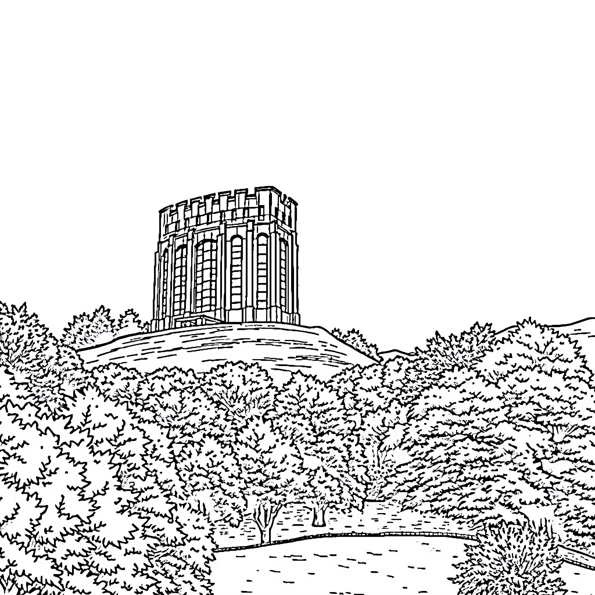Wallace Monument on a Scenic Hilltop Coloring Page (free black-and-white line drawing printable PDF for all, from beginners to advanced learners, including children, teens, adults, and seniors)