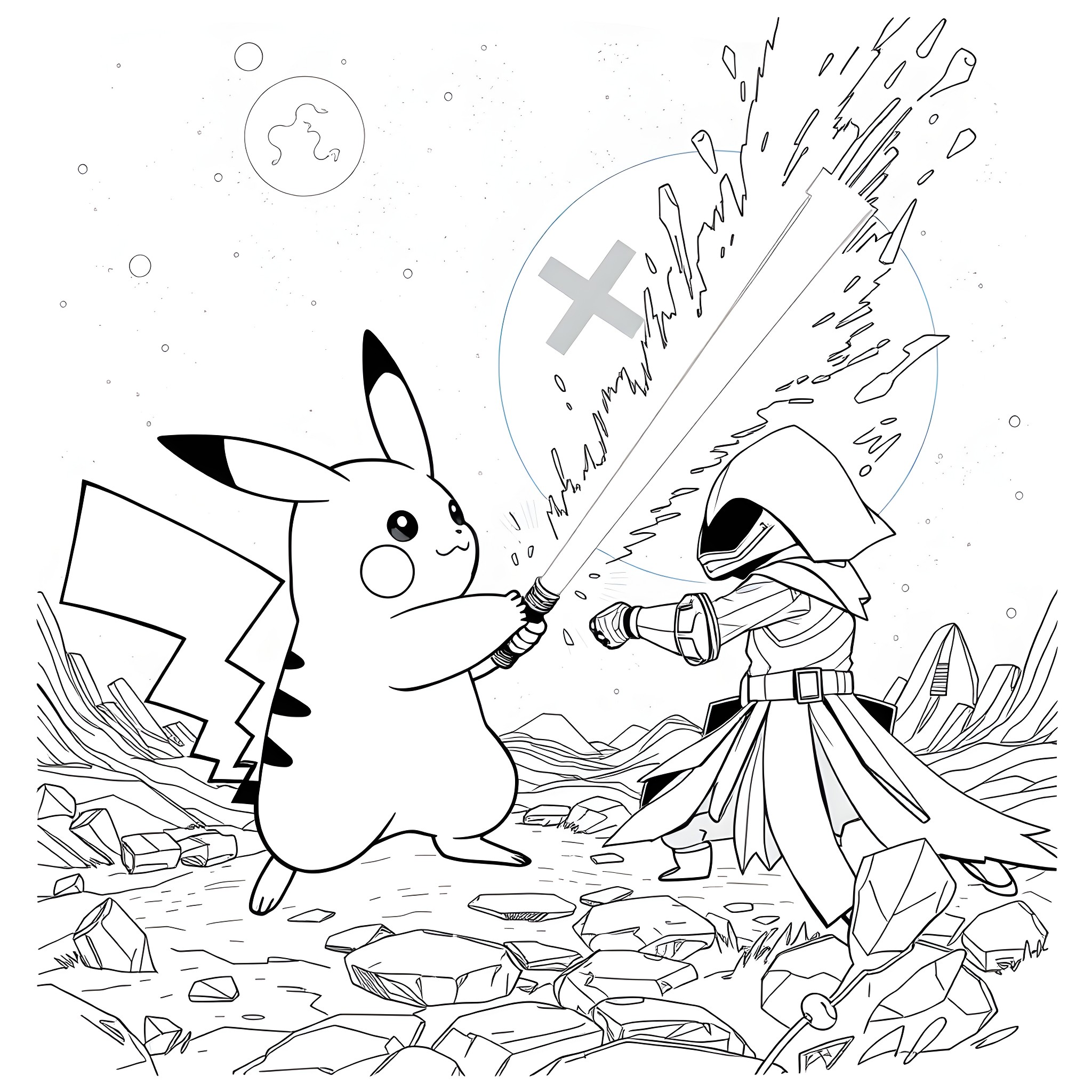 Pikachu fighting against a mysterious foe in a snowy landscape Coloring Page (free black-and-white line drawing printable PDF for all, from beginners to advanced learners, including children, teens, adults, and seniors)
