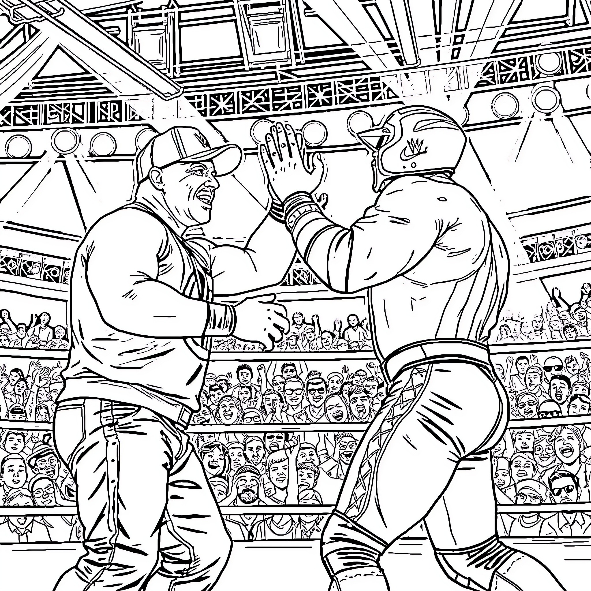 Wrestling Match in Sports Arena Coloring Page (free black-and-white line drawing printable PDF for all, from beginners to advanced learners, including children, teens, adults, and seniors)