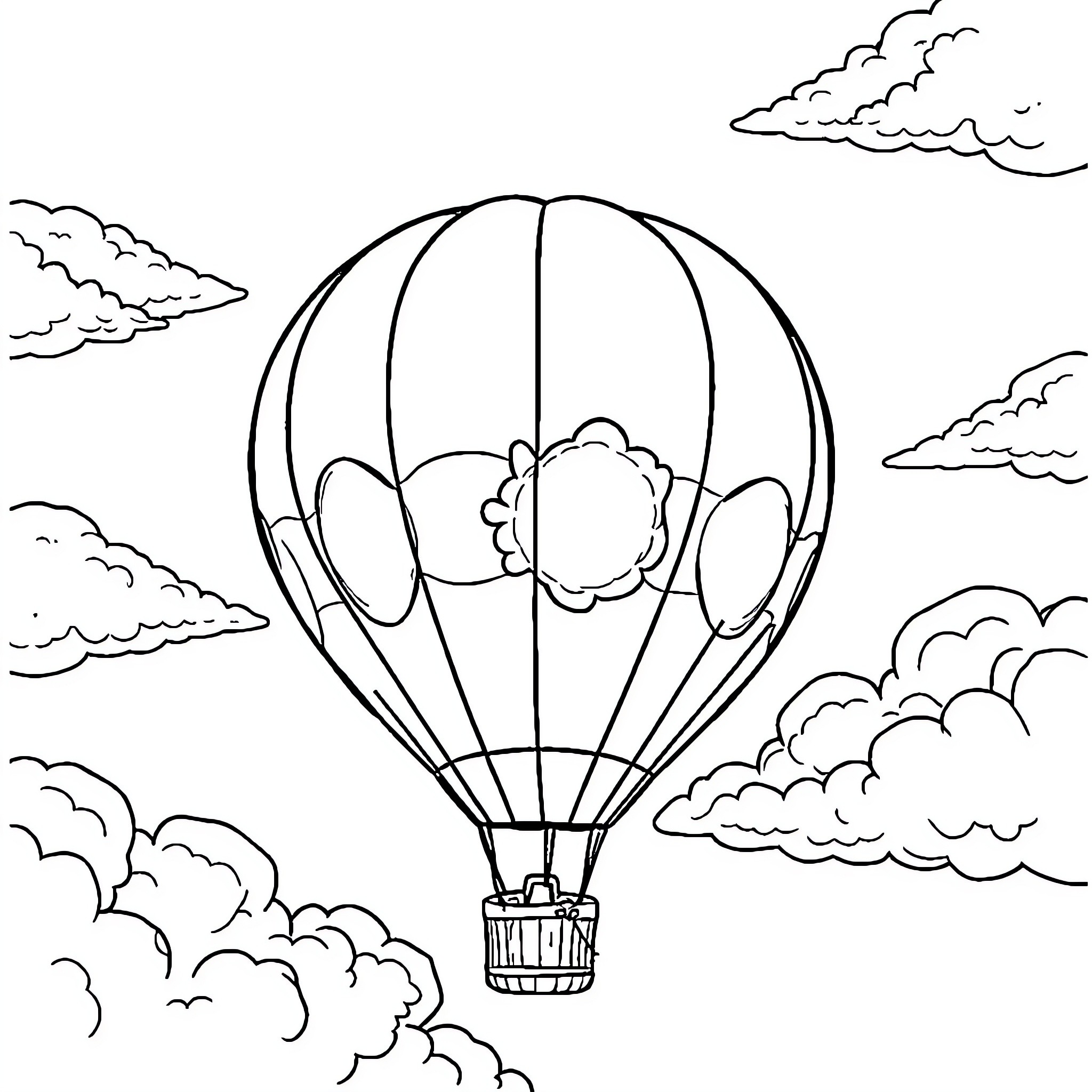 Polska hot air balloon soaring through cloudy sky Coloring Page (free black-and-white line drawing printable PDF for all, from beginners to advanced learners, including children, teens, adults, and seniors)