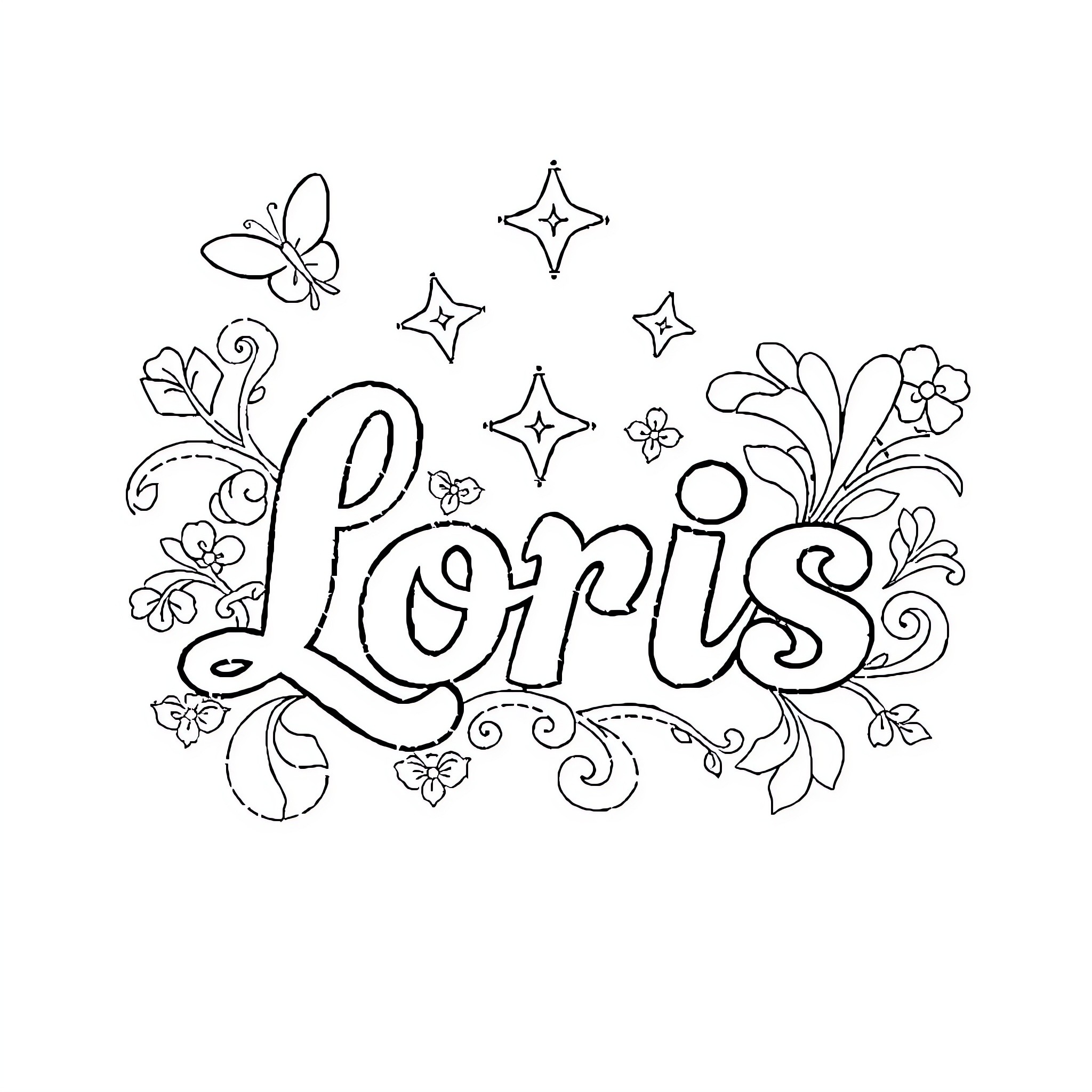 Loris with whimsical floral and star accents Coloring Page (free black-and-white line drawing printable PDF for all, from beginners to advanced learners, including children, teens, adults, and seniors)