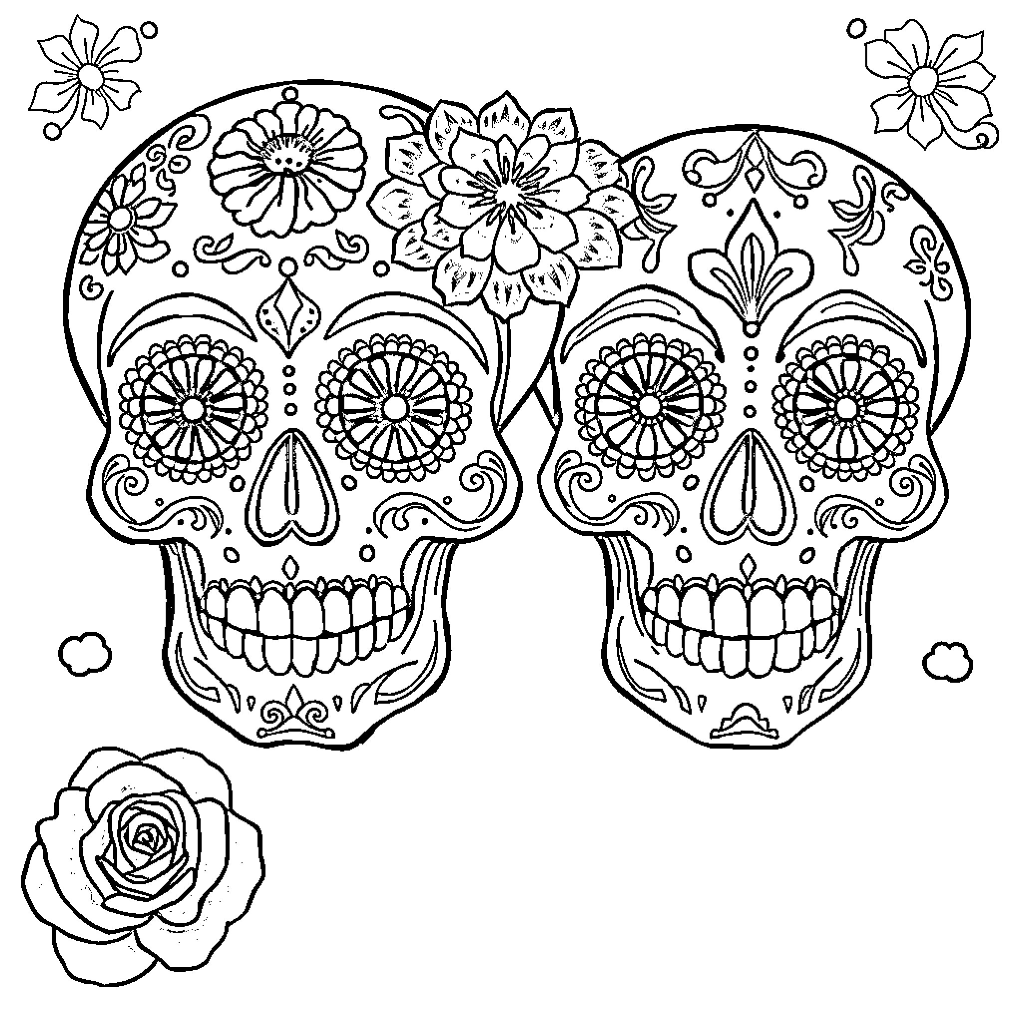 Sugar Skull Pair with Floral Ornaments Coloring Page (free black-and-white line drawing printable PDF for all, from beginners to advanced learners, including children, teens, adults, and seniors)