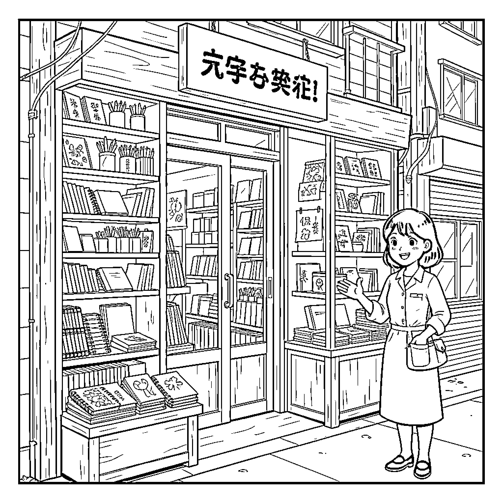 Stationery Shop with a smiling woman standing outside Coloring Page (free black-and-white line drawing printable PDF for all, from beginners to advanced learners, including children, teens, adults, and seniors)