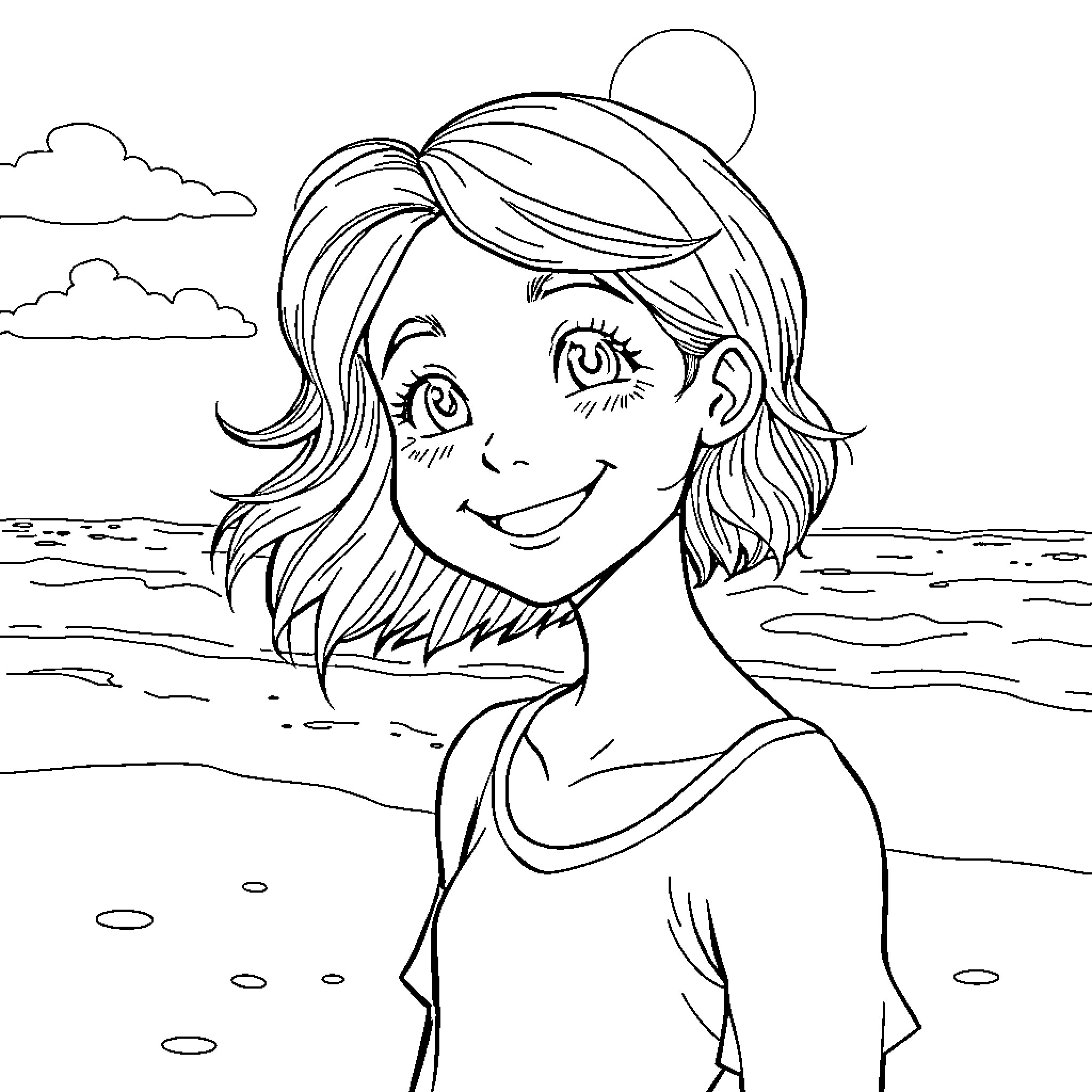 Girl Smiling Cheerfully at the Beach Coloring Page (free black-and-white line drawing printable PDF for all, from beginners to advanced learners, including children, teens, adults, and seniors)