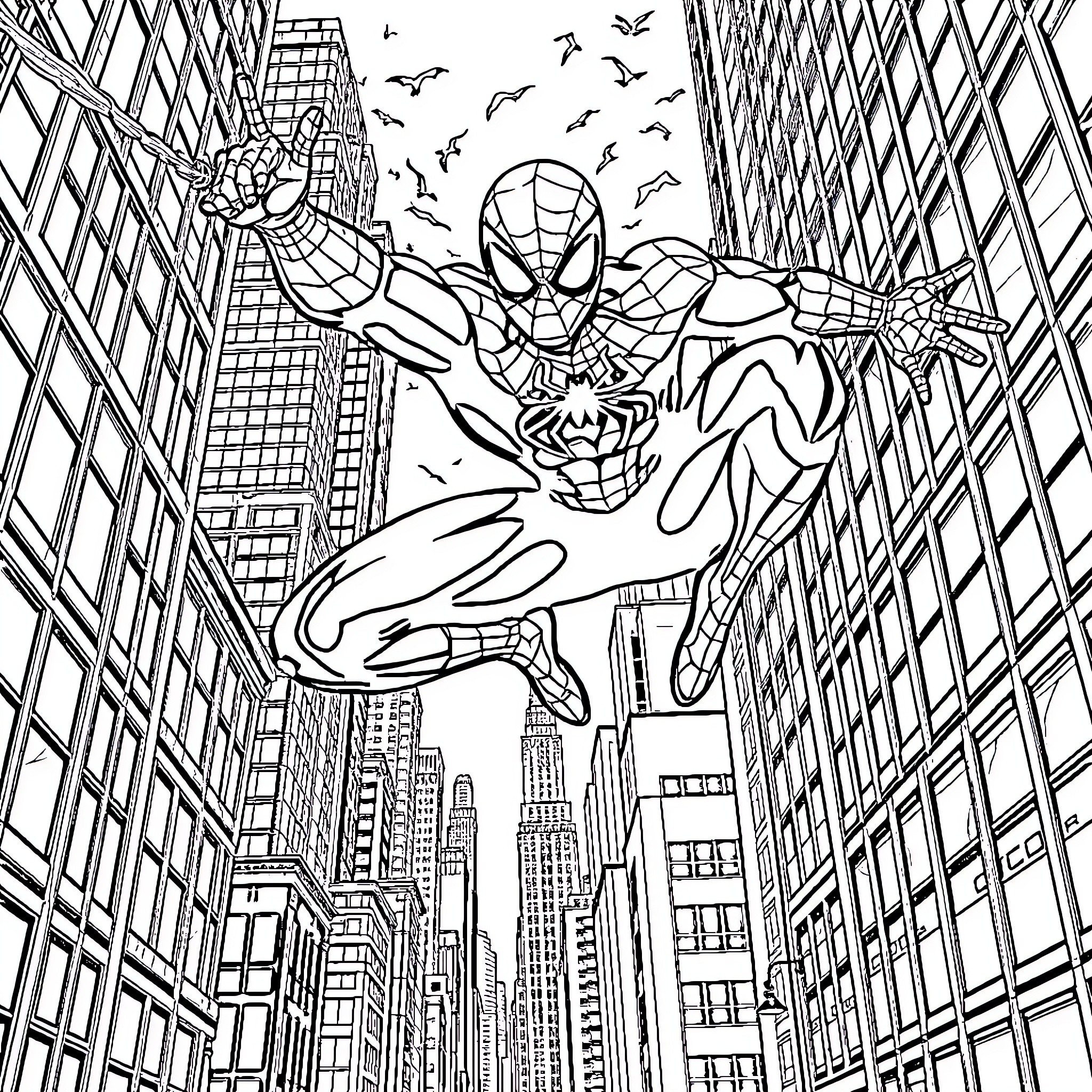 Spiderman swinging through the city skyline Coloring Page (free black-and-white line drawing printable PDF for all, from beginners to advanced learners, including children, teens, adults, and seniors)