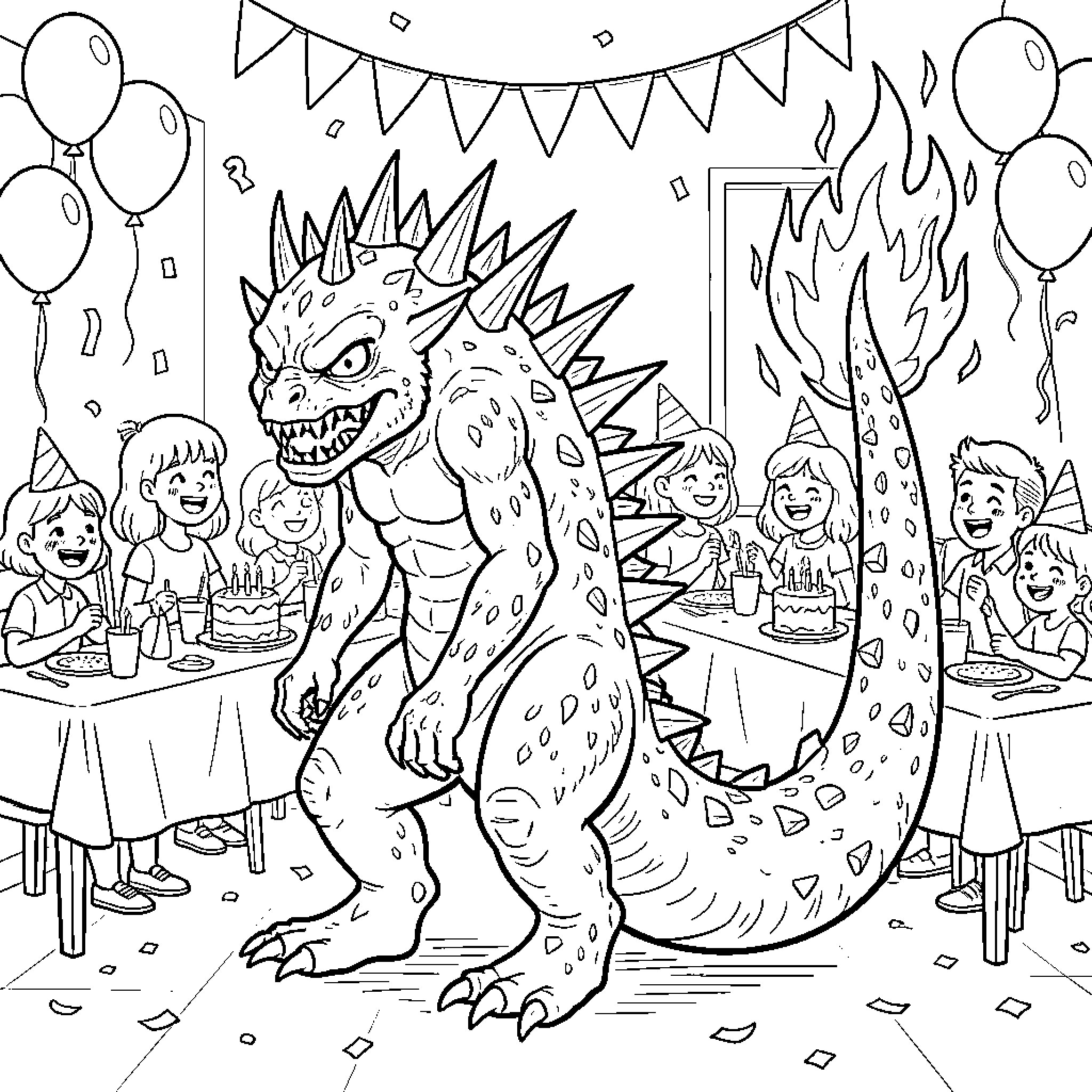 Monster Crashing a Birthday Party Coloring Page (free black-and-white line drawing printable PDF for all, from beginners to advanced learners, including children, teens, adults, and seniors)