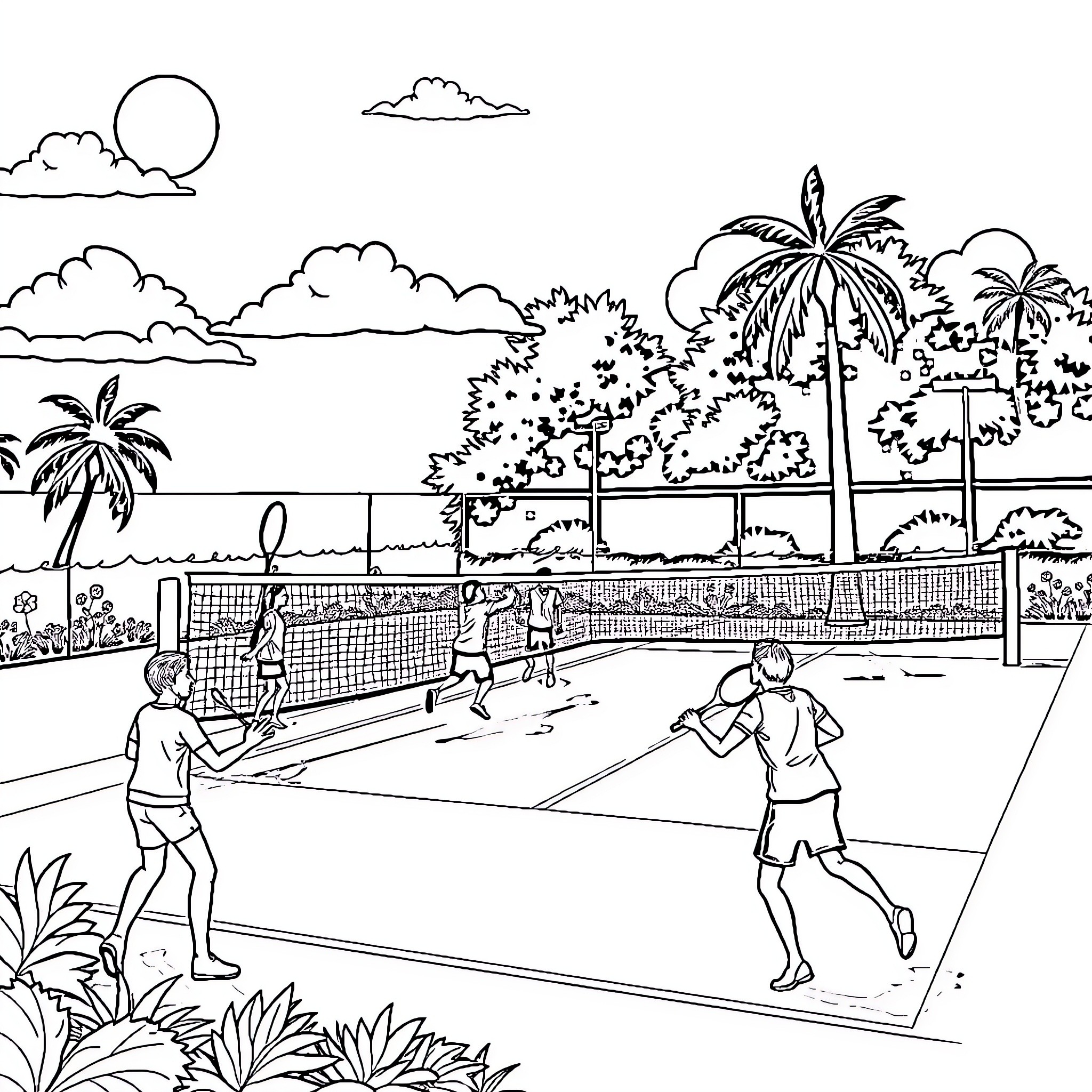 Cachibol players in tropical outdoor court Coloring Page (free black-and-white line drawing printable PDF for all, from beginners to advanced learners, including children, teens, adults, and seniors)
