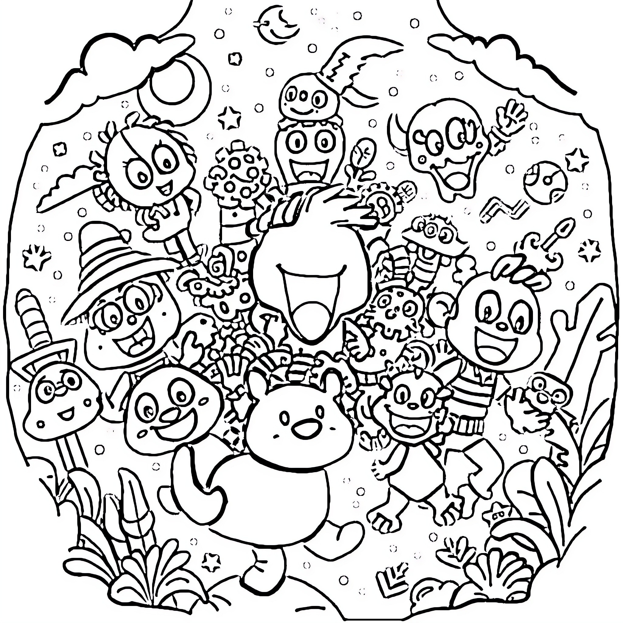 Kid's Whimsical Doodle Adventure Coloring Page (free black-and-white line drawing printable PDF for all, from beginners to advanced learners, including children, teens, adults, and seniors)