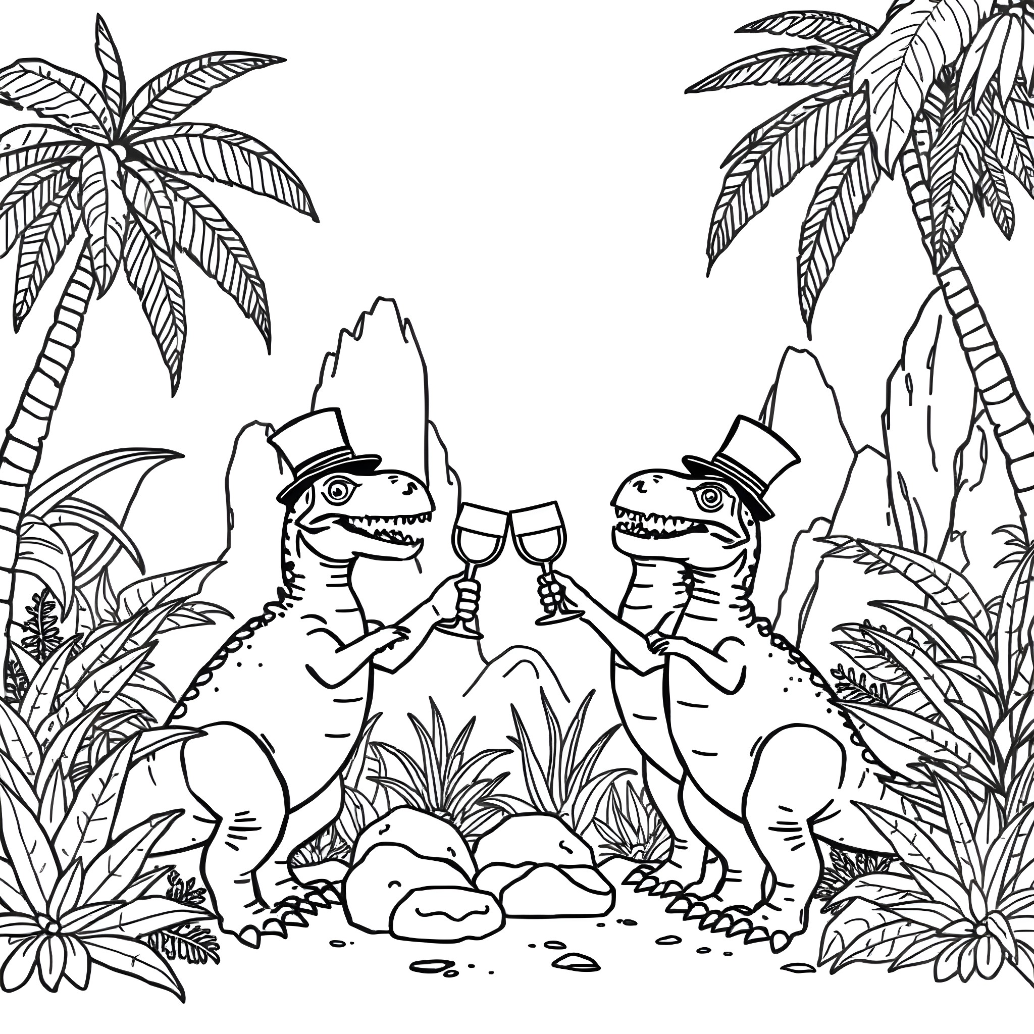 Dinosaurs Celebrating at Tropical Paradise Coloring Page (free black-and-white line drawing printable PDF for all, from beginners to advanced learners, including children, teens, adults, and seniors)