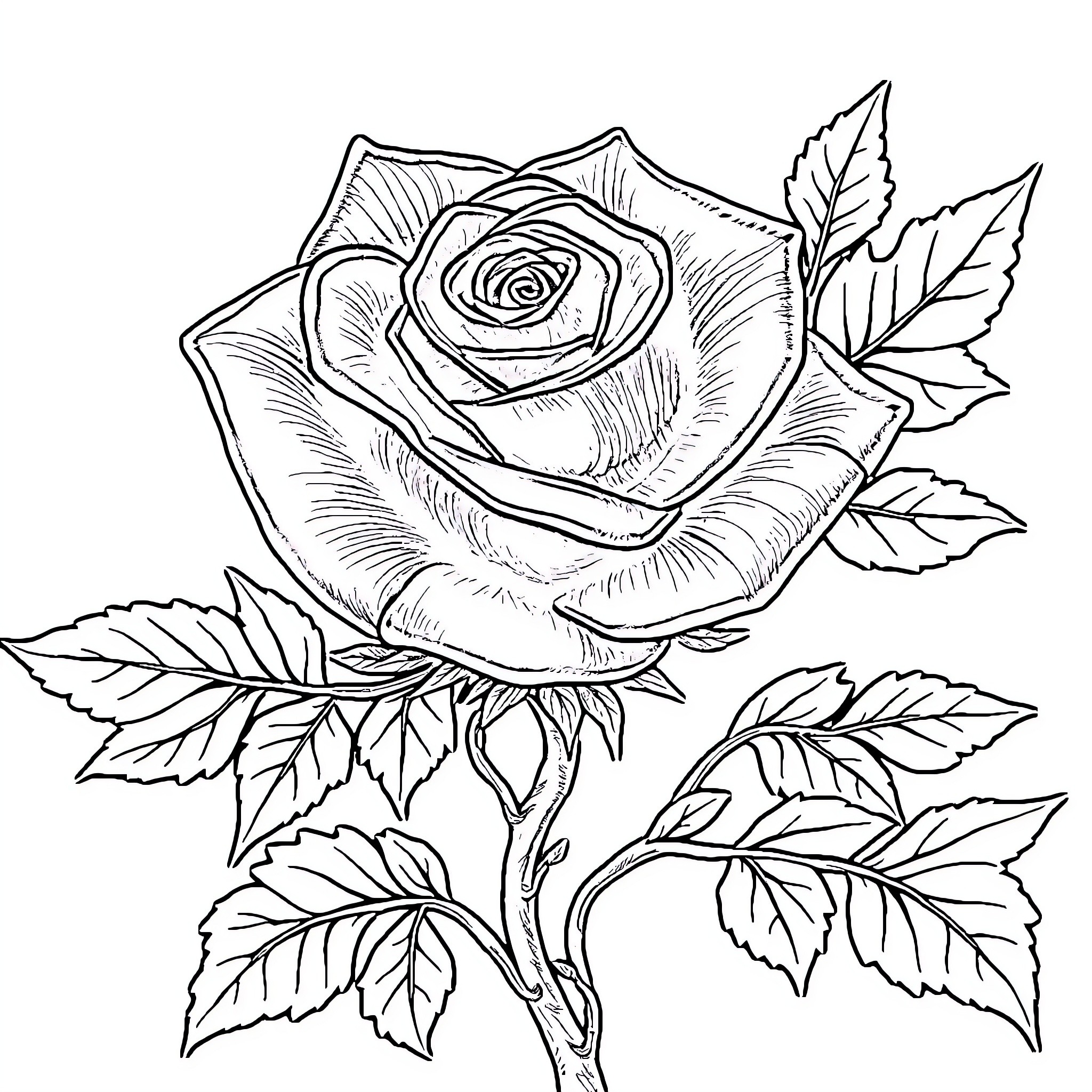 Rose in bloom with detailed leaves and petals Coloring Page (free black-and-white line drawing printable PDF for all, from beginners to advanced learners, including children, teens, adults, and seniors)