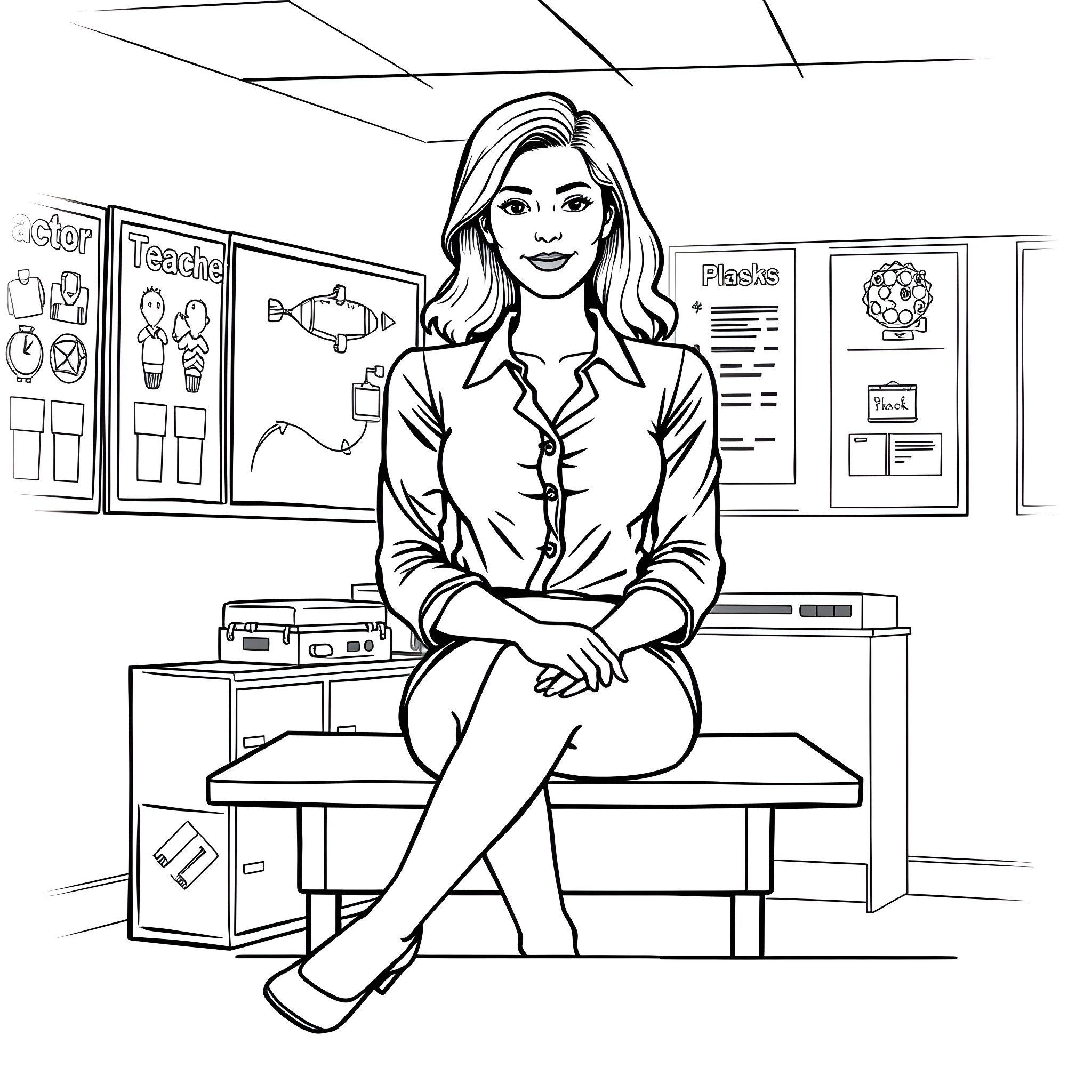 Teacher sitting in her classroom Coloring Page (free black-and-white line drawing printable PDF for all, from beginners to advanced learners, including children, teens, adults, and seniors)