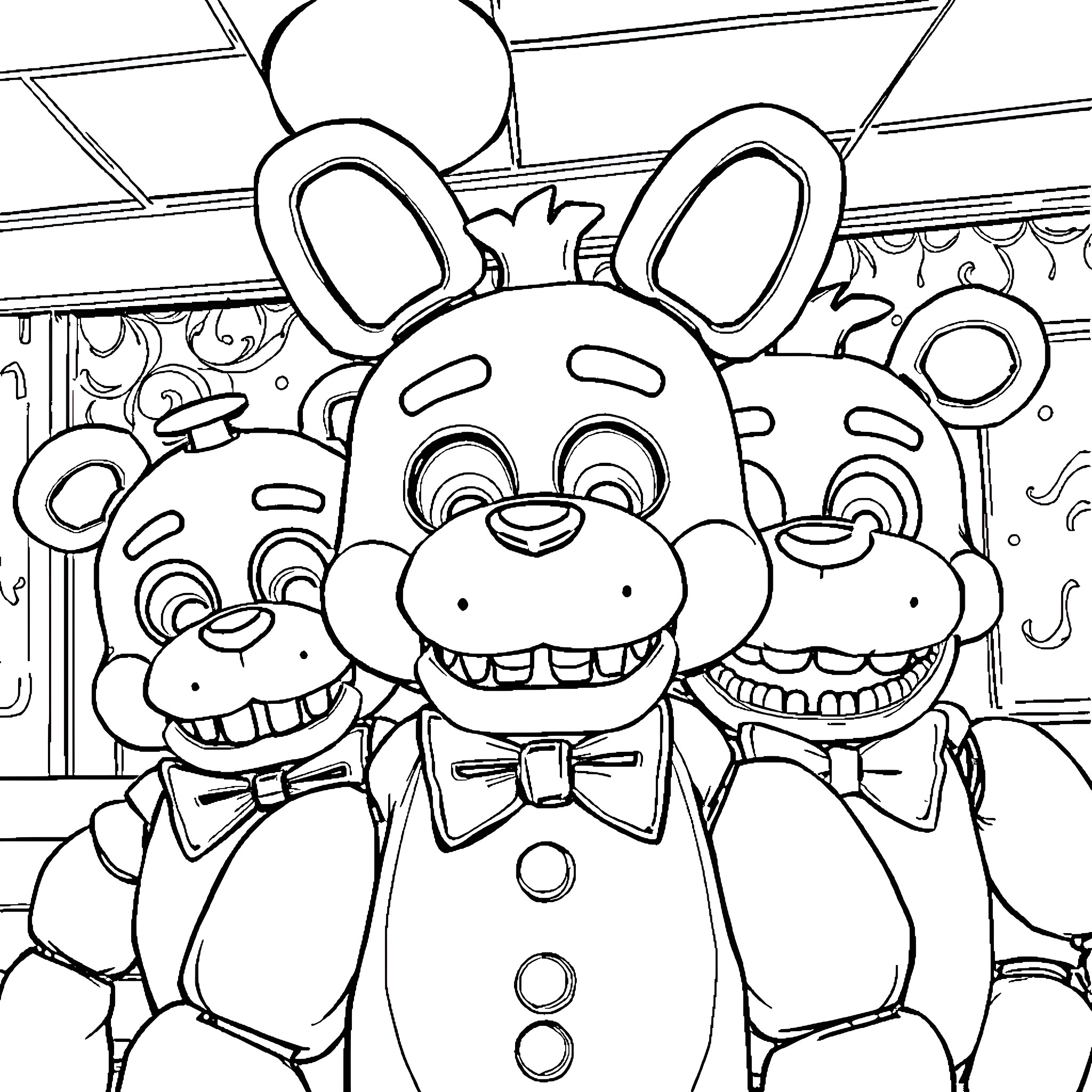 Five Nights At Freddy's Animatronic Characters in Costumes Coloring Page (free black-and-white line drawing printable PDF for all, from beginners to advanced learners, including children, teens, adults, and seniors)