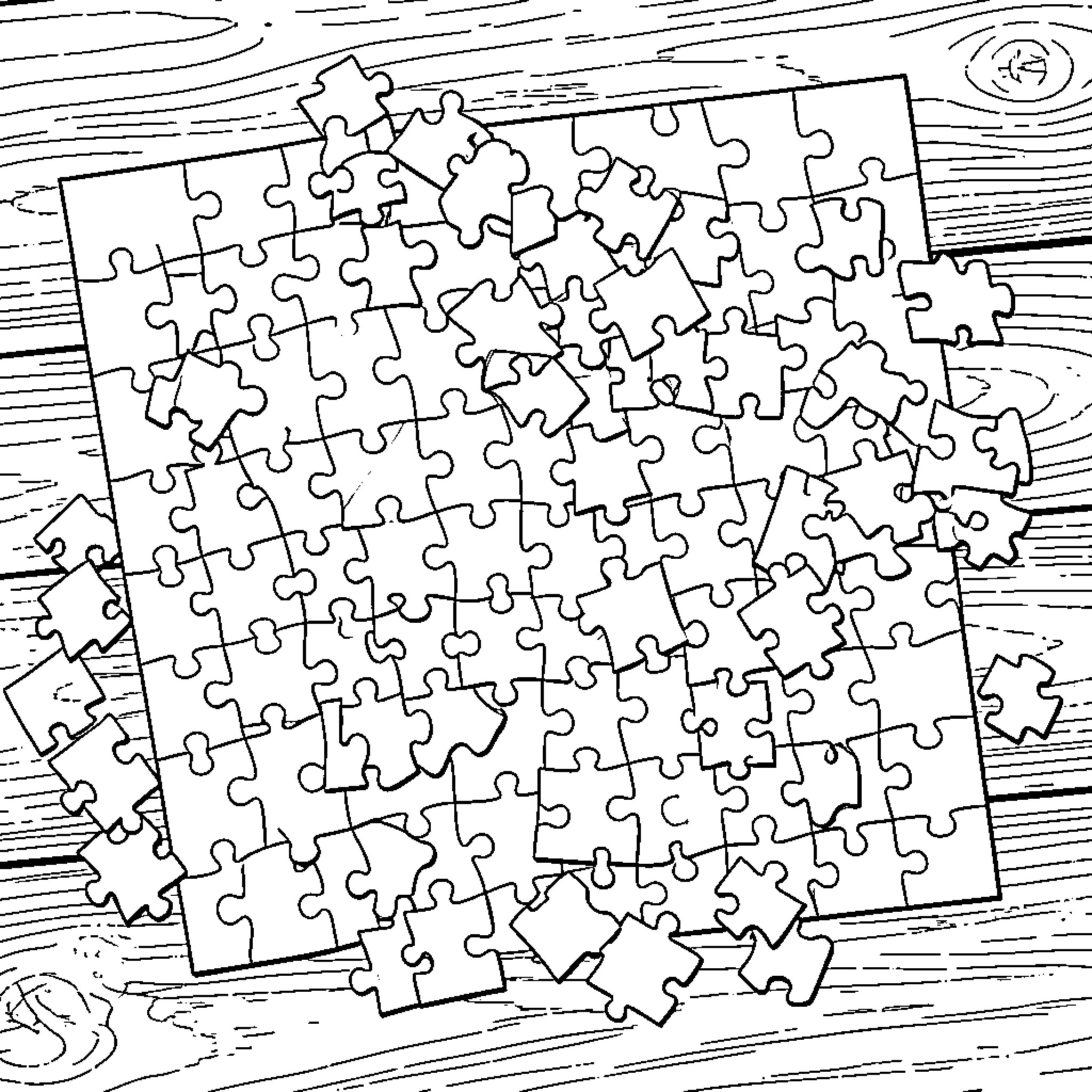 Puzzle of scattered jigsaw pieces on wooden surface Coloring Page (free black-and-white line drawing printable PDF for all, from beginners to advanced learners, including children, teens, adults, and seniors)