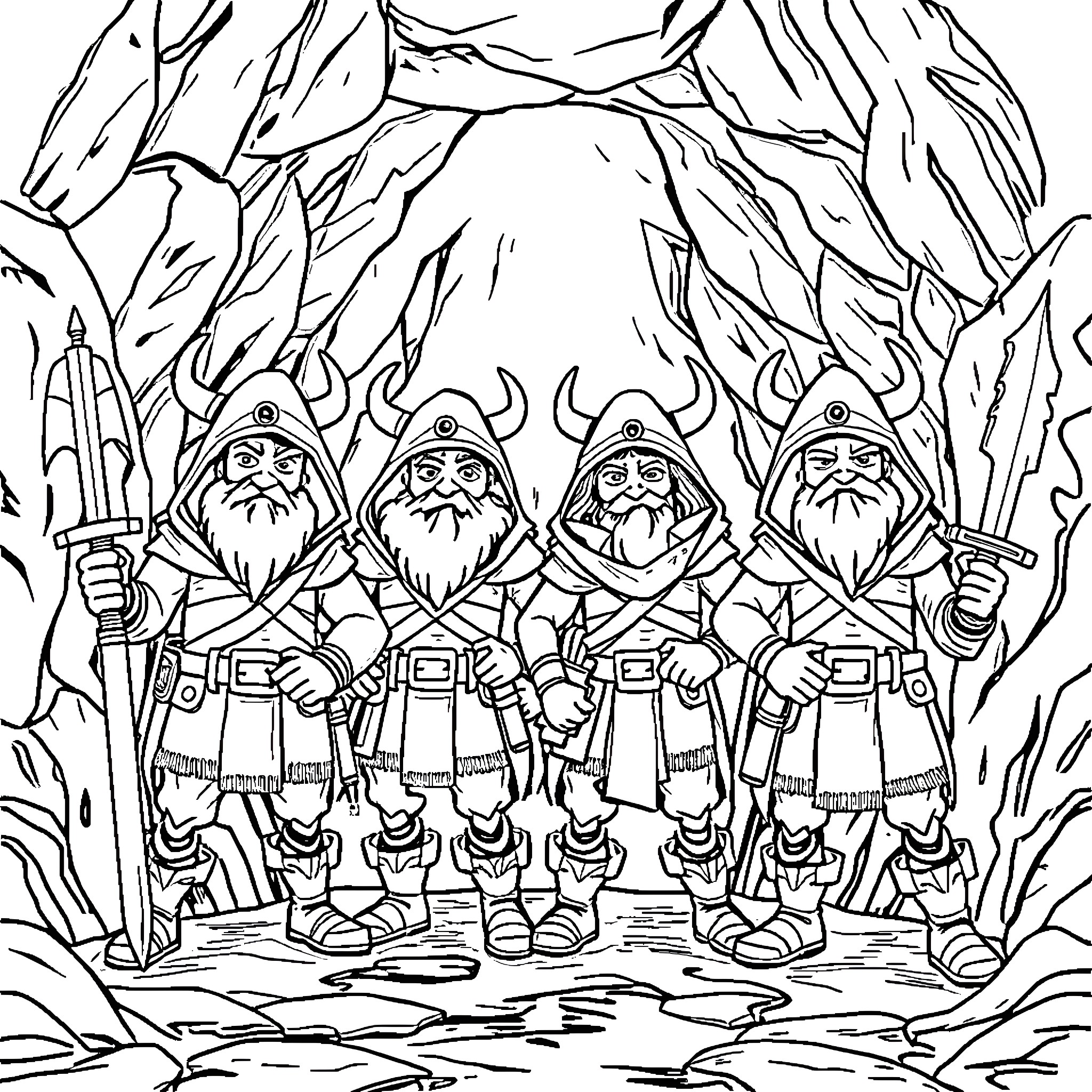Kobold warriors marching through the forest Coloring Page (free black-and-white line drawing printable PDF for all, from beginners to advanced learners, including children, teens, adults, and seniors)