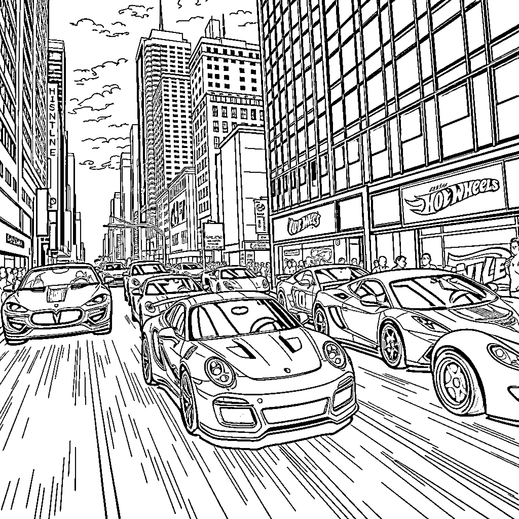 Hot Wheels racing through the bustling city streets Coloring Page (free black-and-white line drawing printable PDF for all, from beginners to advanced learners, including children, teens, adults, and seniors)
