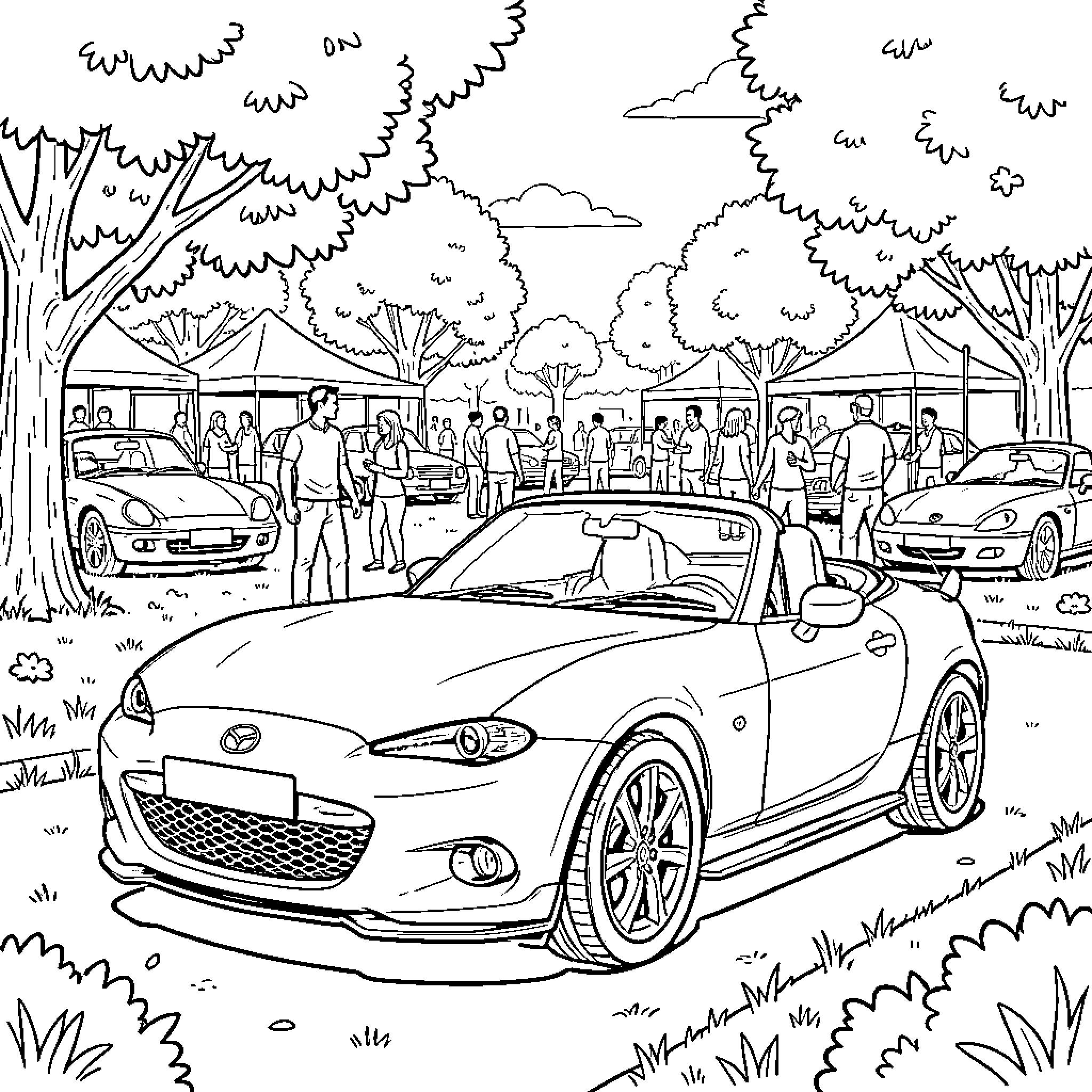 Mazda Miata parked at an outdoor car event Coloring Page (free black-and-white line drawing printable PDF for all, from beginners to advanced learners, including children, teens, adults, and seniors)