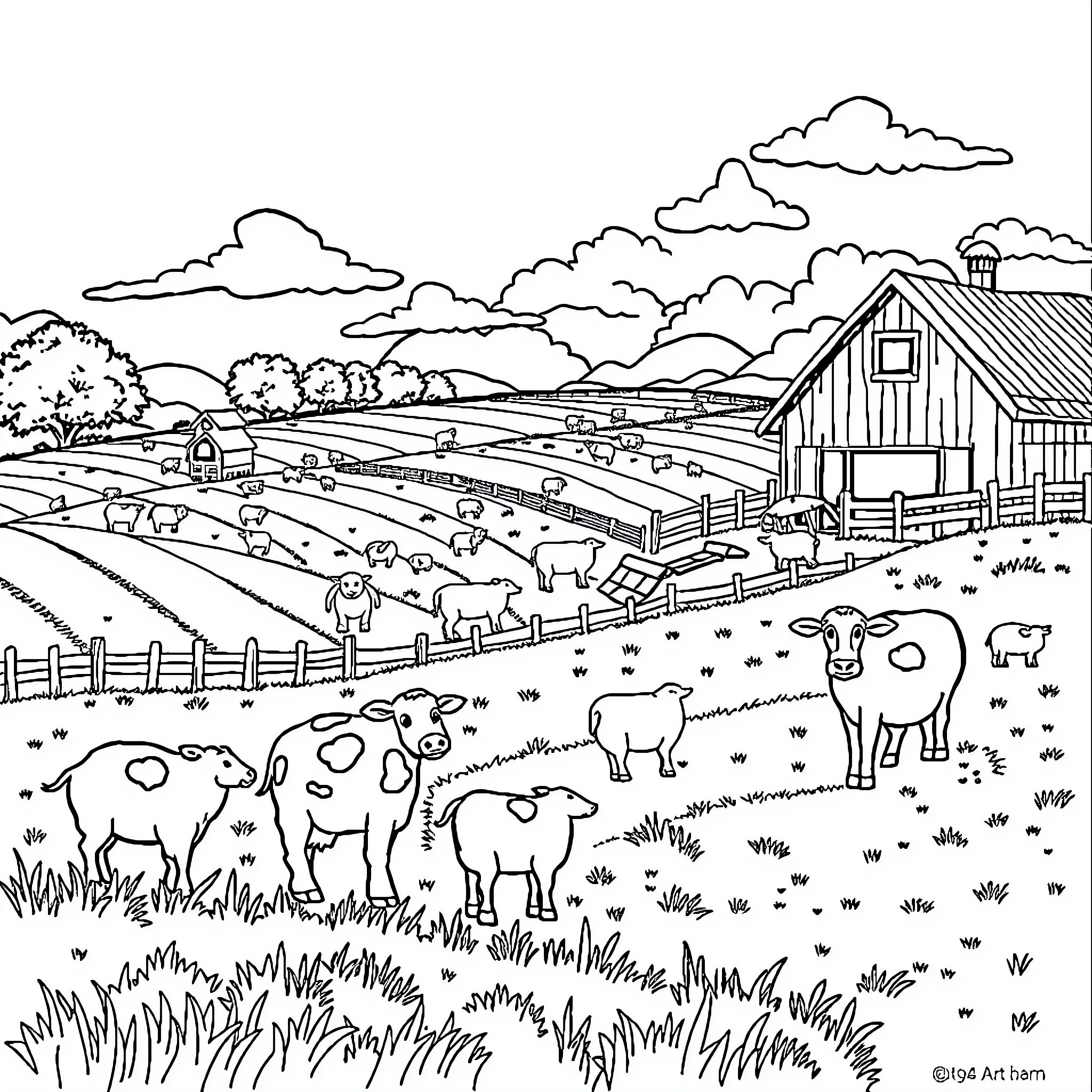 Farm scene with livestock and rural landscape Coloring Page (free black-and-white line drawing printable PDF for all, from beginners to advanced learners, including children, teens, adults, and seniors)