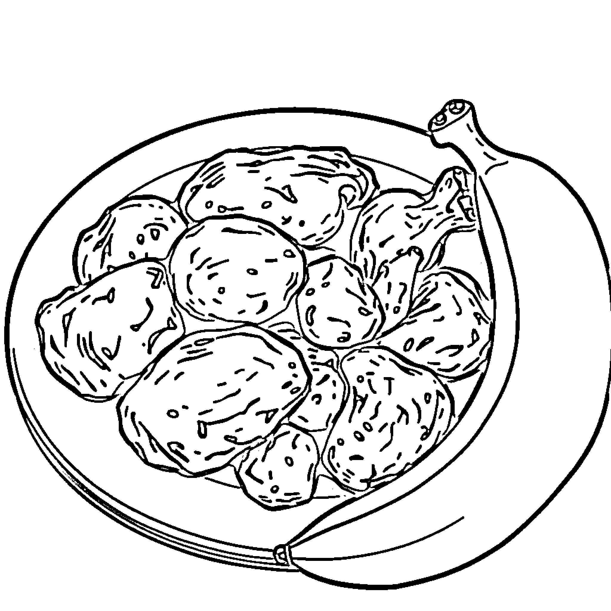 Chicken nuggets served on a plate Coloring Page (free black-and-white line drawing printable PDF for all, from beginners to advanced learners, including children, teens, adults, and seniors)