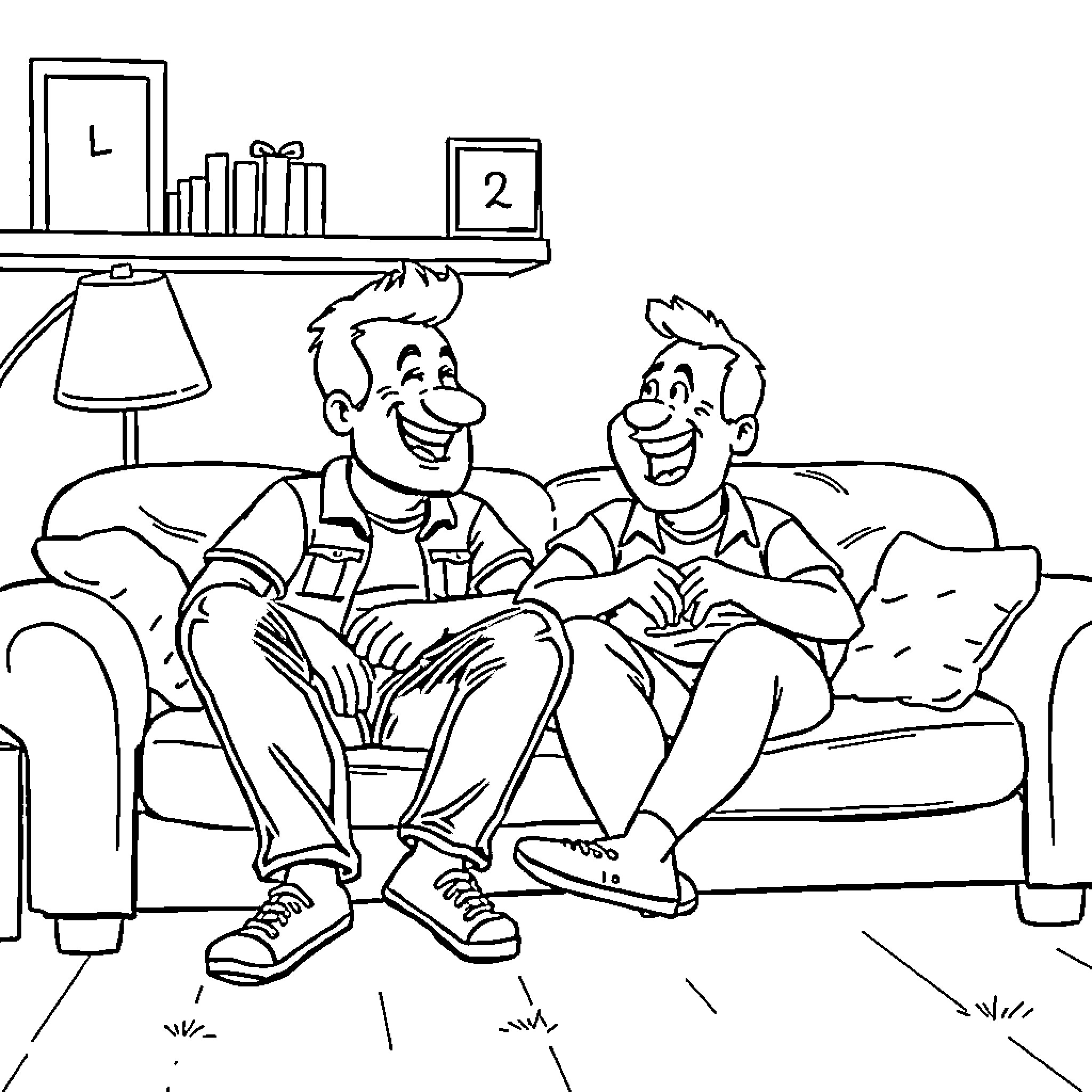 Buck and Eddie relaxing on the couch Coloring Page (free black-and-white line drawing printable PDF for all, from beginners to advanced learners, including children, teens, adults, and seniors)