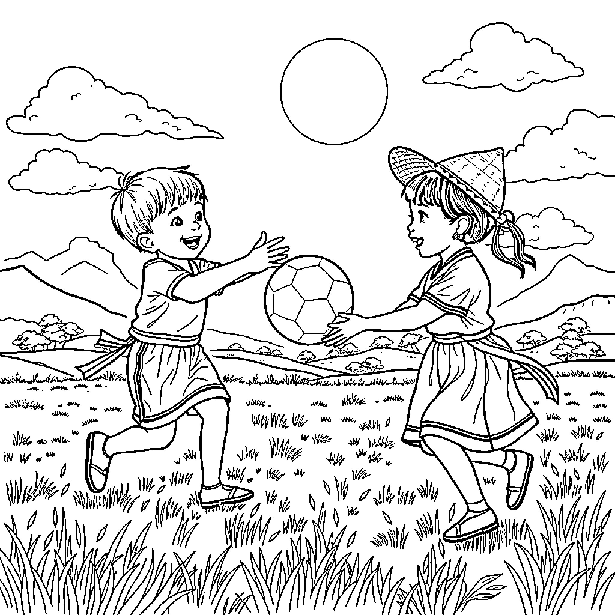Kids playing joyfully with soccer ball in the countryside Coloring Page (free black-and-white line drawing printable PDF for all, from beginners to advanced learners, including children, teens, adults, and seniors)