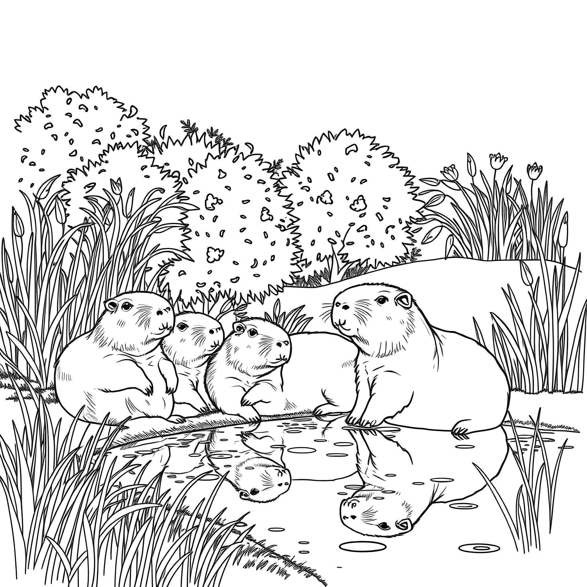 Capybara family enjoying a peaceful day in the pond Coloring Page (free black-and-white line drawing printable PDF for all, from beginners to advanced learners, including children, teens, adults, and seniors)