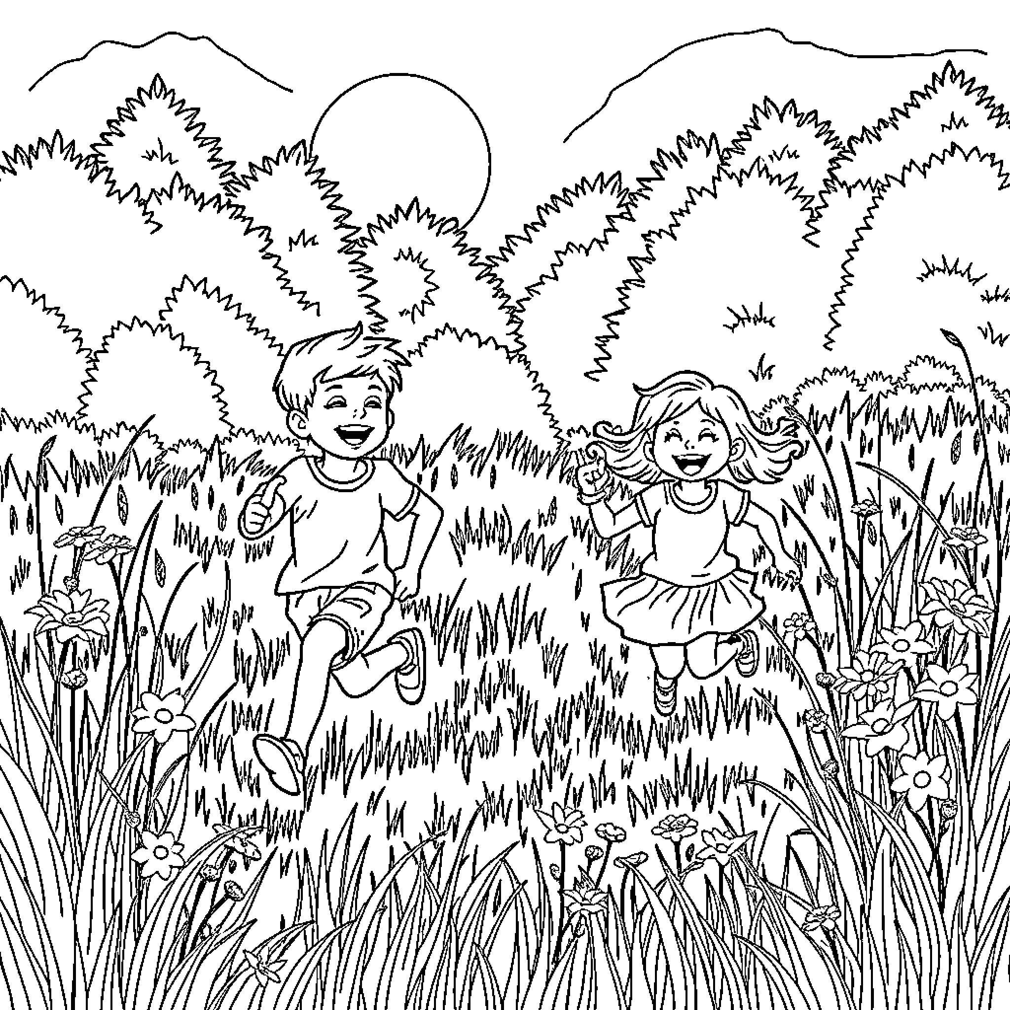 Kids playing happily in the outdoor nature Coloring Page (free black-and-white line drawing printable PDF for all, from beginners to advanced learners, including children, teens, adults, and seniors)