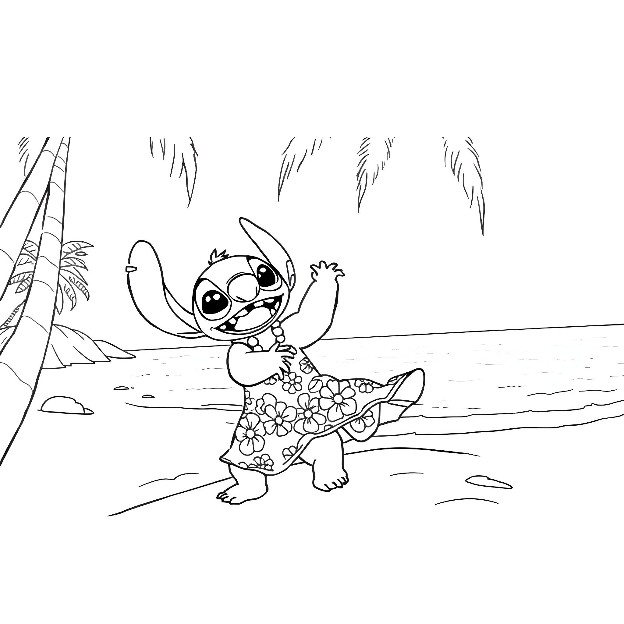 Lilo playing happily with tropical flowers on the beach Coloring Page (free black-and-white line drawing printable PDF for all, from beginners to advanced learners, including children, teens, adults, and seniors)