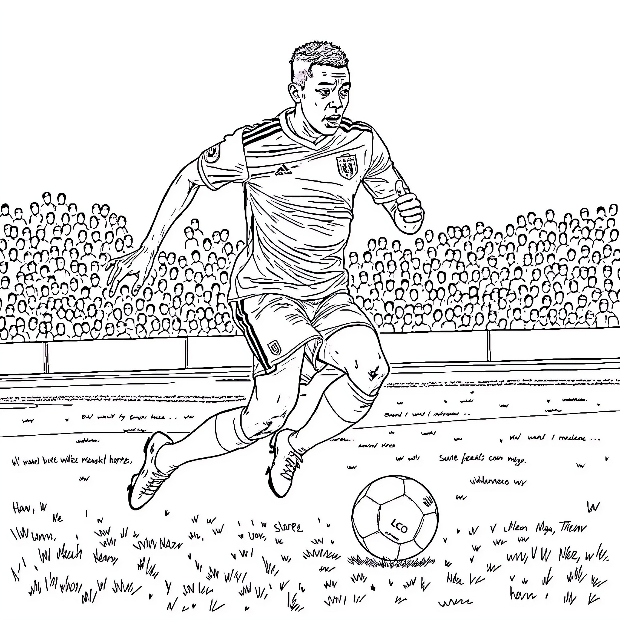 Mbappe celebrating on the soccer field Coloring Page (free black-and-white line drawing printable PDF for all, from beginners to advanced learners, including children, teens, adults, and seniors)