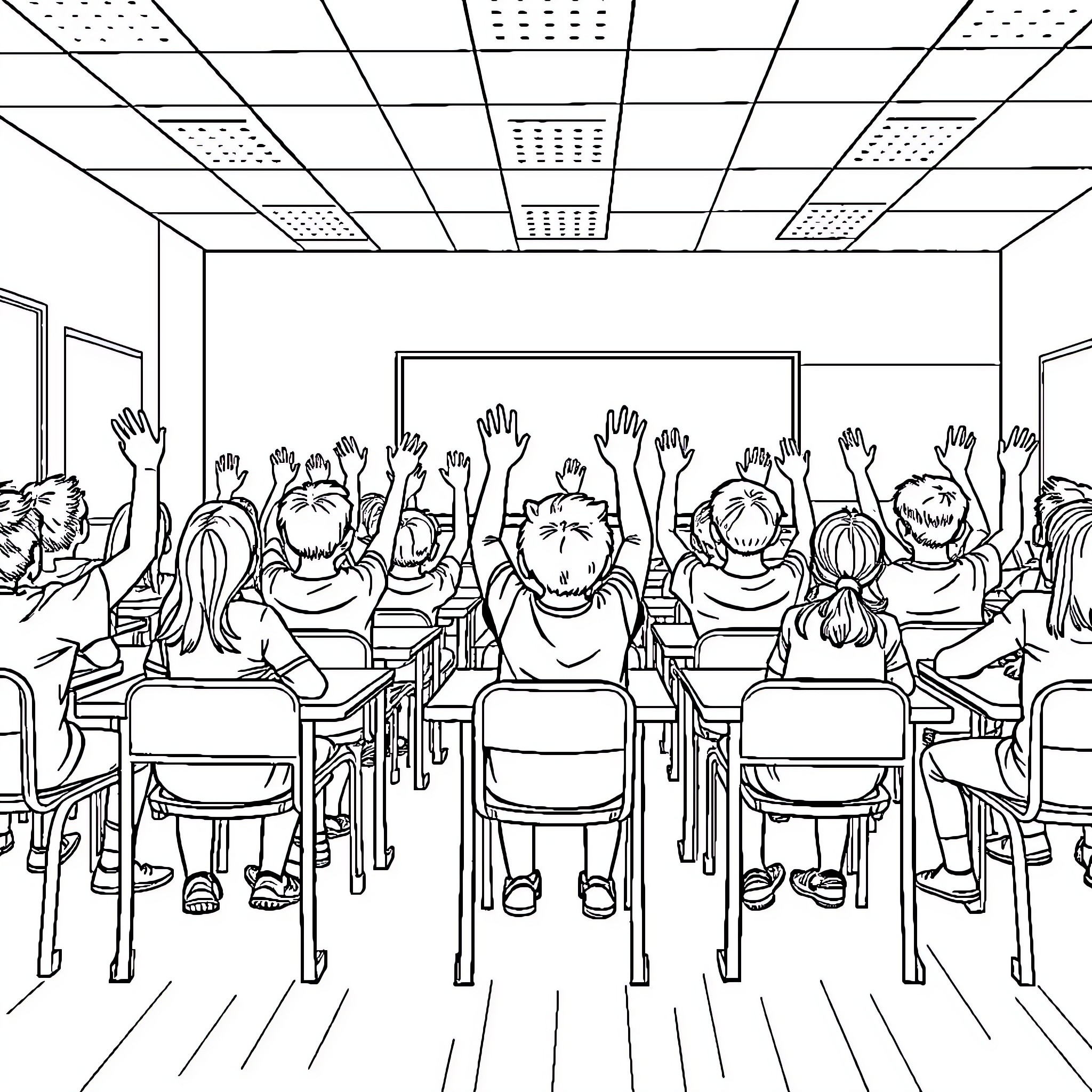 Students raising hands in classroom Coloring Page (free black-and-white line drawing printable PDF for all, from beginners to advanced learners, including children, teens, adults, and seniors)
