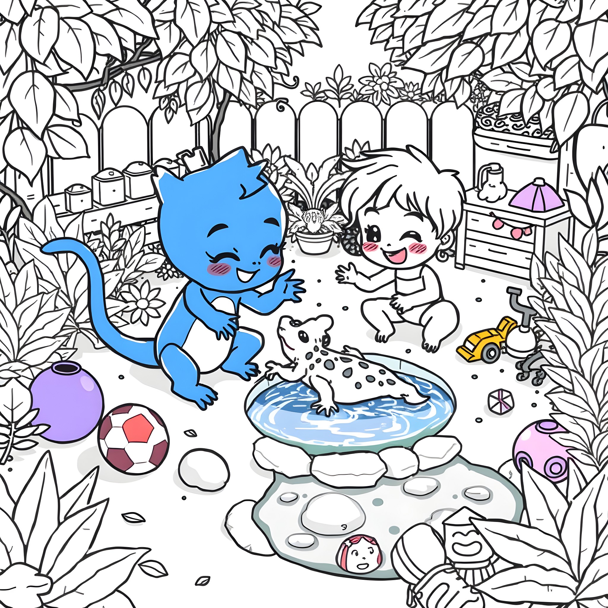 Axolotl and child playing together in a garden Coloring Page (free black-and-white line drawing printable PDF for all, from beginners to advanced learners, including children, teens, adults, and seniors)