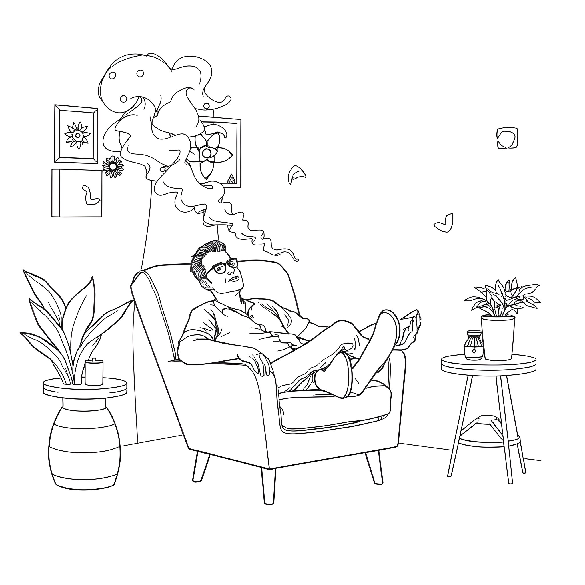 Man relaxing in chair with imaginative thoughts Coloring Page (free black-and-white line drawing printable PDF for all, from beginners to advanced learners, including children, teens, adults, and seniors)