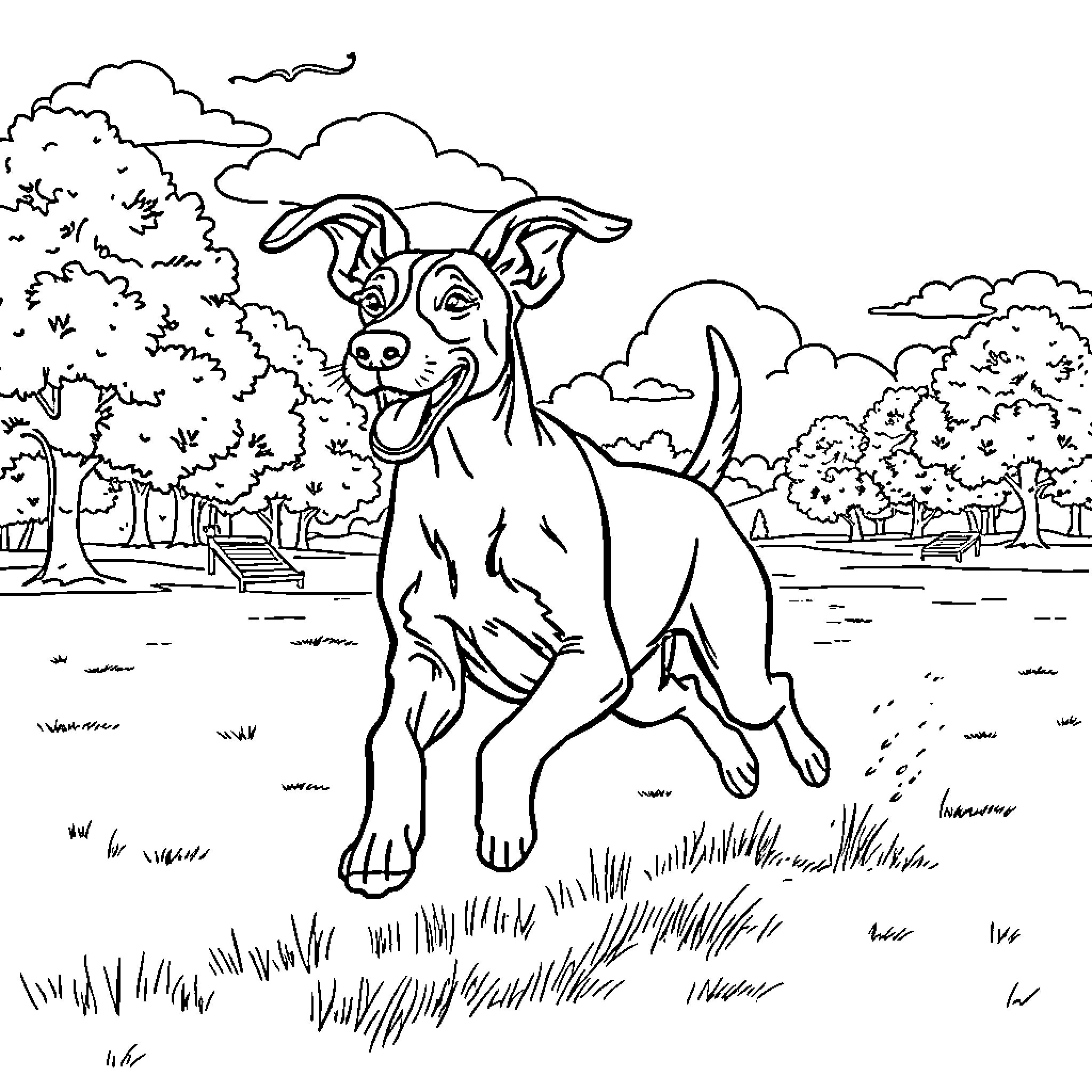 Lurcher playing happily in the park Coloring Page (free black-and-white line drawing printable PDF for all, from beginners to advanced learners, including children, teens, adults, and seniors)