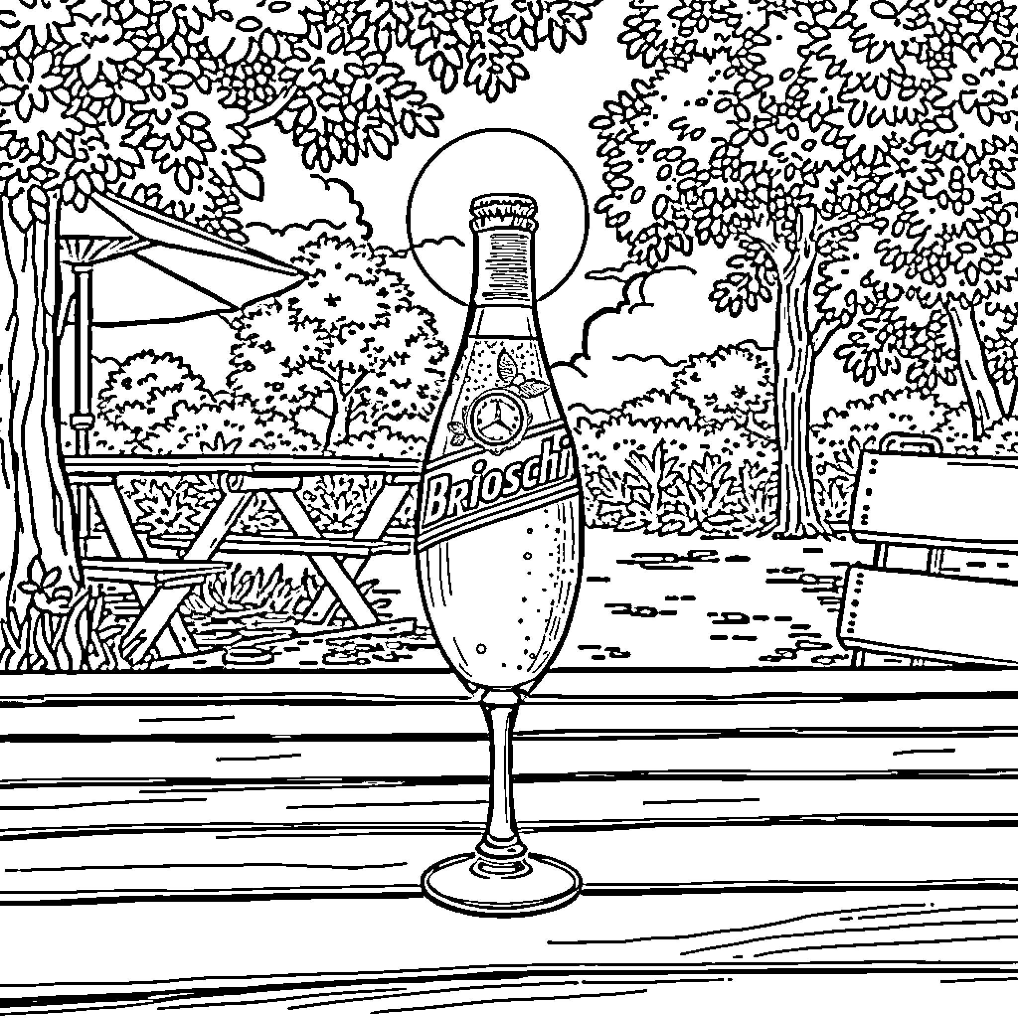 Brioschi: Refreshing beverage in serene outdoor setting Coloring Page (free black-and-white line drawing printable PDF for all, from beginners to advanced learners, including children, teens, adults, and seniors)