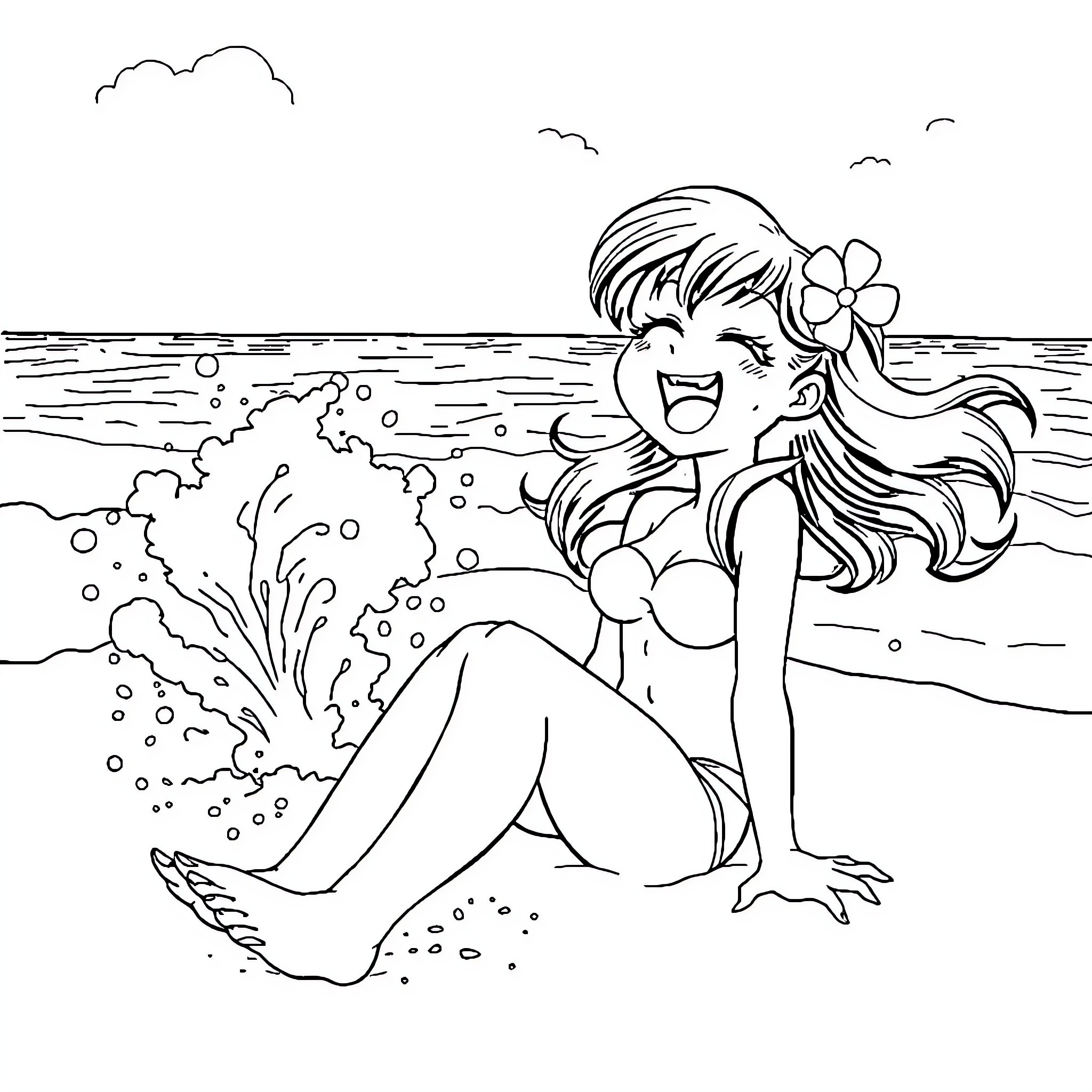 Shampoo day at the beach with a happy mermaid Coloring Page (free black-and-white line drawing printable PDF for all, from beginners to advanced learners, including children, teens, adults, and seniors)