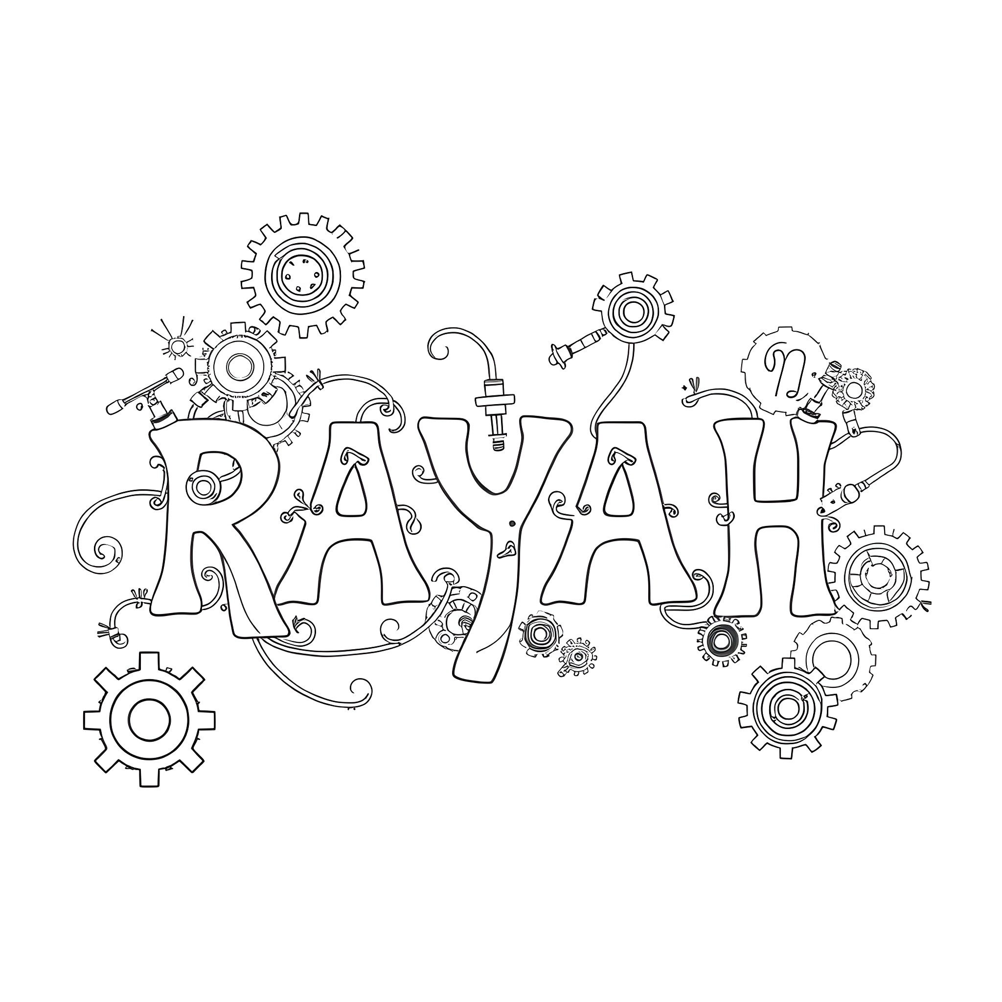 RAYAH Playful Mechanical Doodle Coloring Page (free black-and-white line drawing printable PDF for all, from beginners to advanced learners, including children, teens, adults, and seniors)