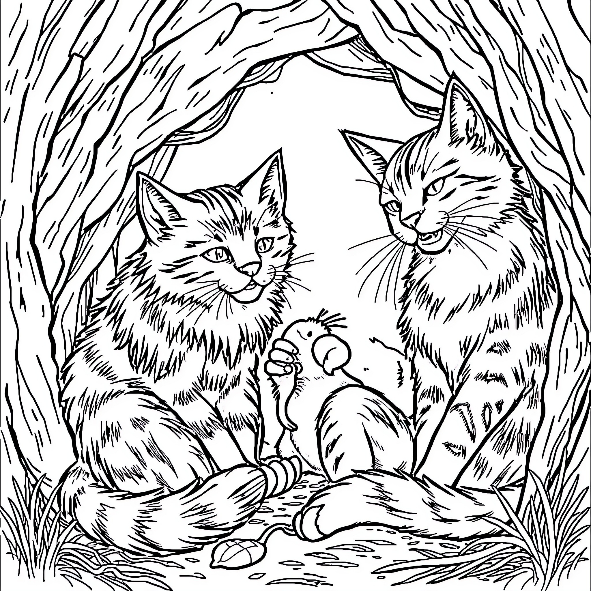 Cats exploring the forest Coloring Page (free black-and-white line drawing printable PDF for all, from beginners to advanced learners, including children, teens, adults, and seniors)