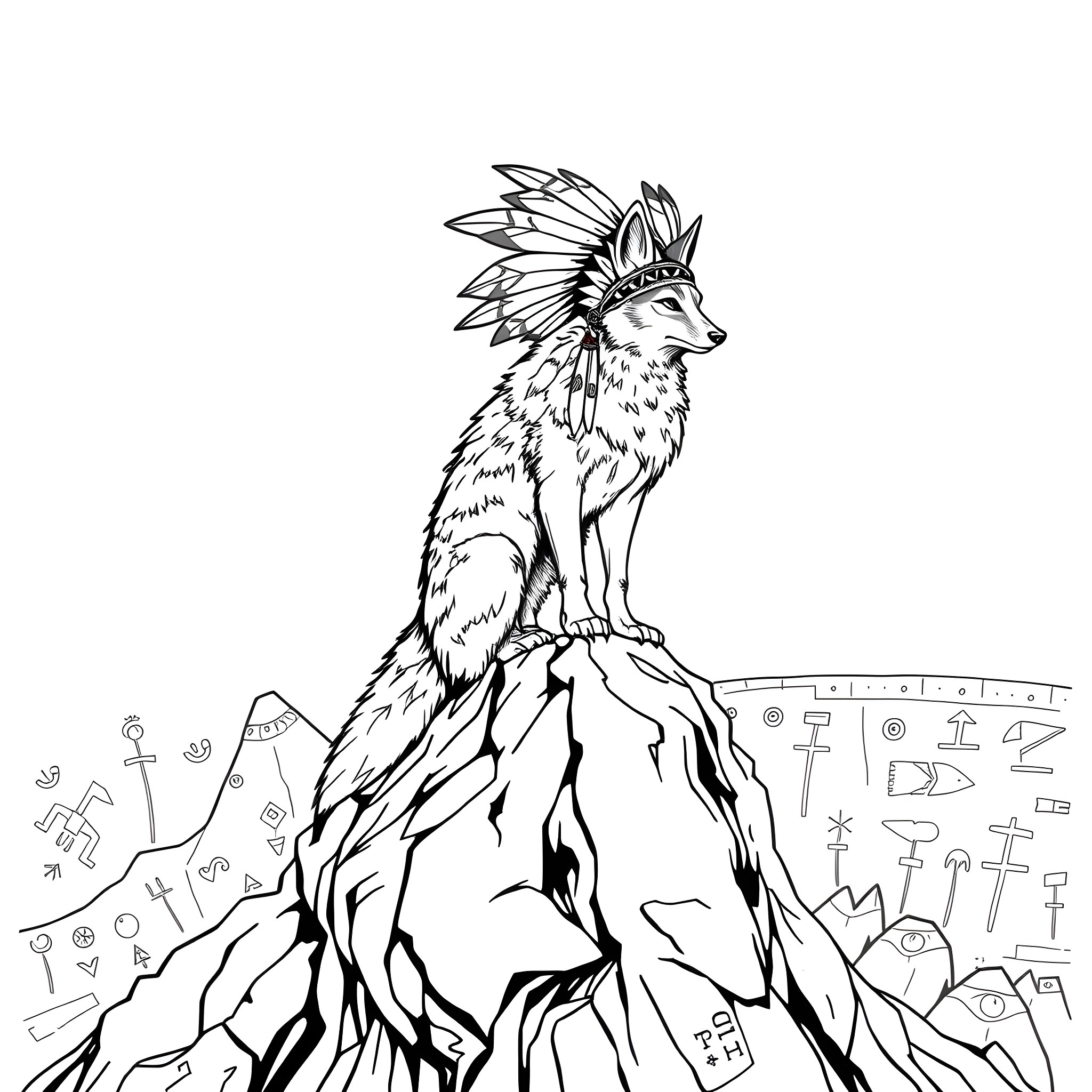 Coyote wearing tribal headdress on rocky mountain Coloring Page (free black-and-white line drawing printable PDF for all, from beginners to advanced learners, including children, teens, adults, and seniors)