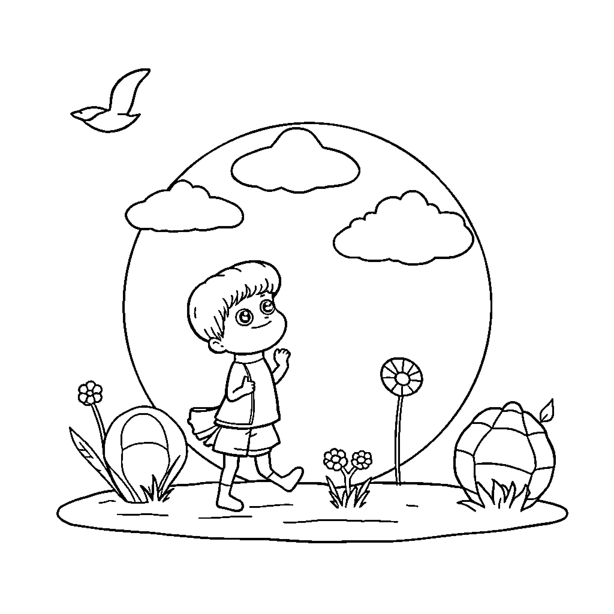 Child exploring nature outdoors Coloring Page (free black-and-white line drawing printable PDF for all, from beginners to advanced learners, including children, teens, adults, and seniors)