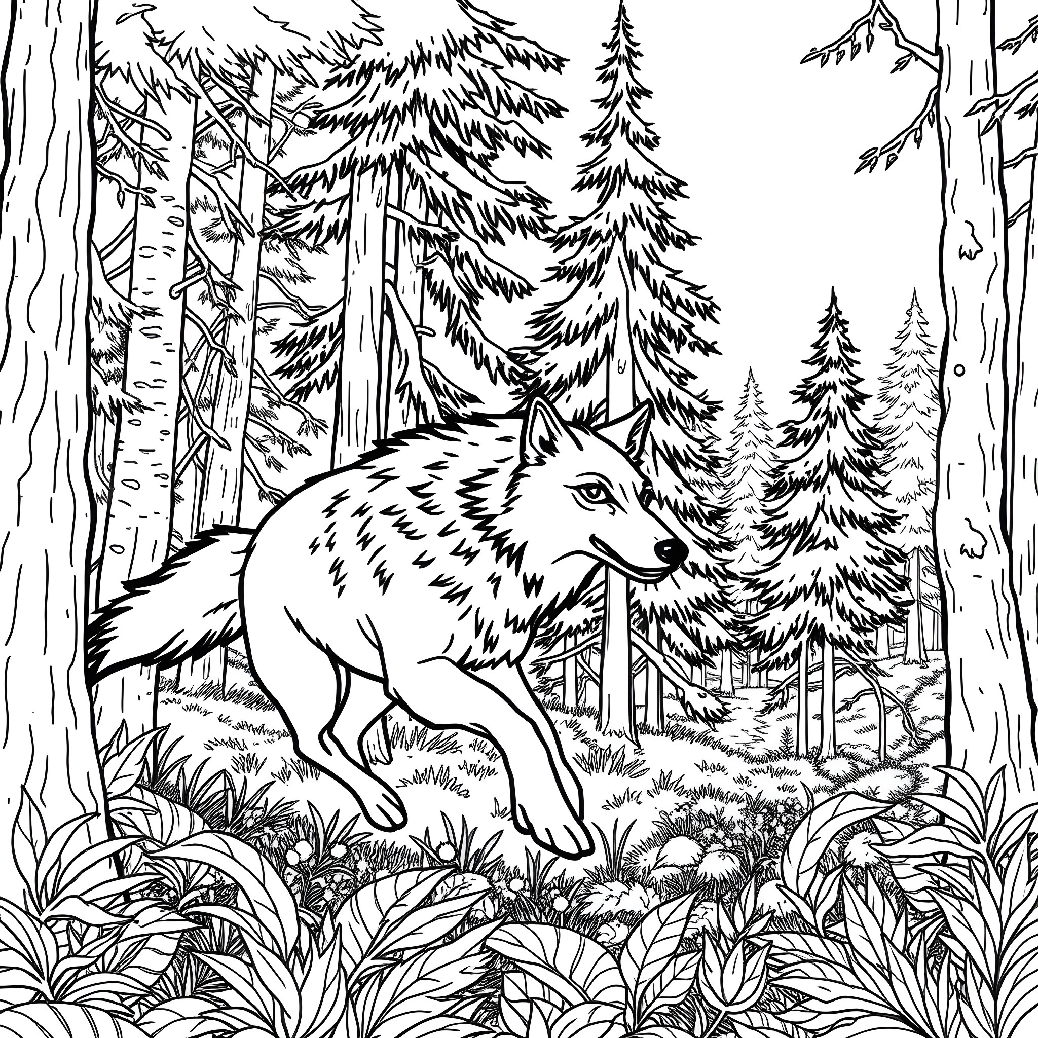Wolf running through the enchanted forest Coloring Page (free black-and-white line drawing printable PDF for all, from beginners to advanced learners, including children, teens, adults, and seniors)