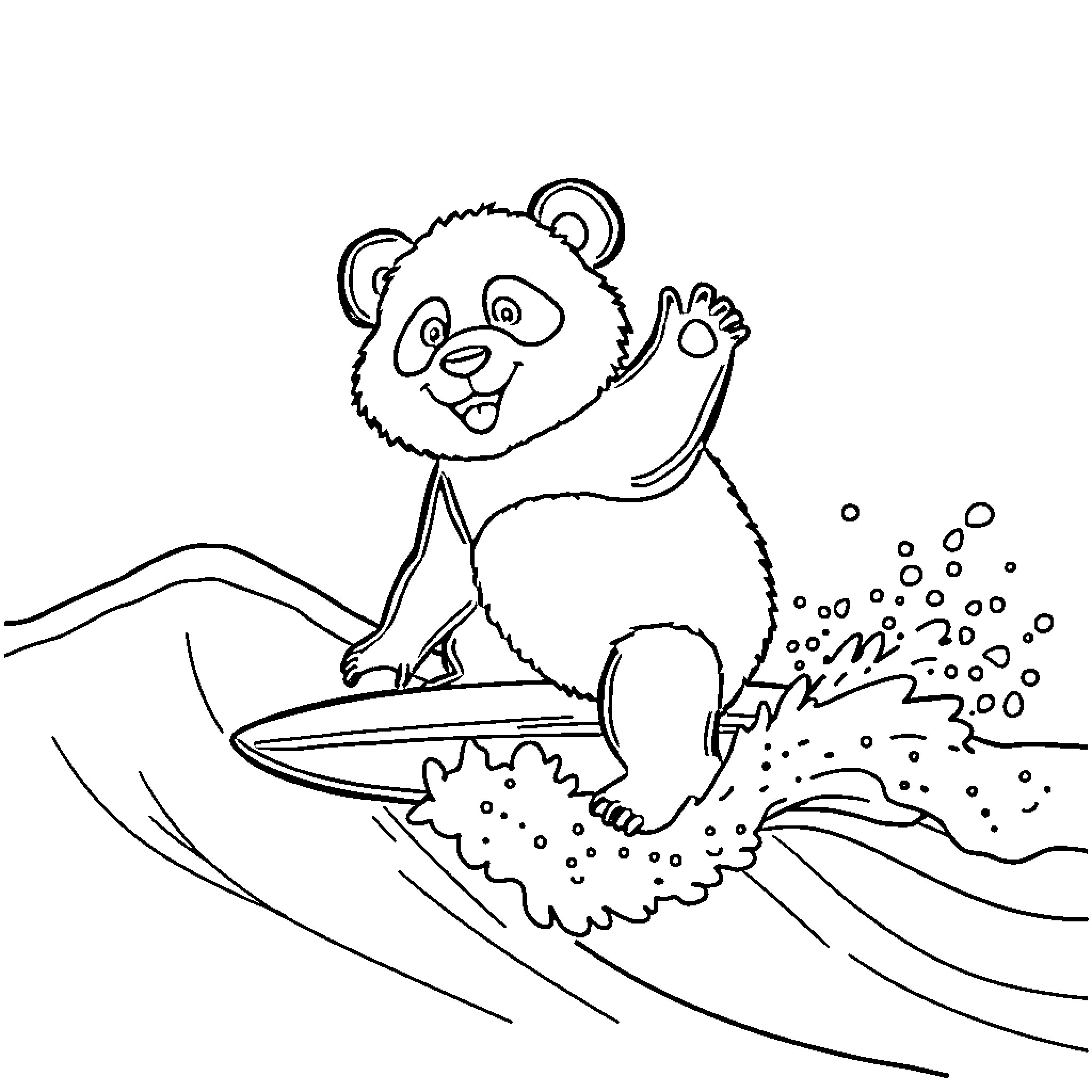 Panda surfing happily on the waves Coloring Page (free black-and-white line drawing printable PDF for all, from beginners to advanced learners, including children, teens, adults, and seniors)