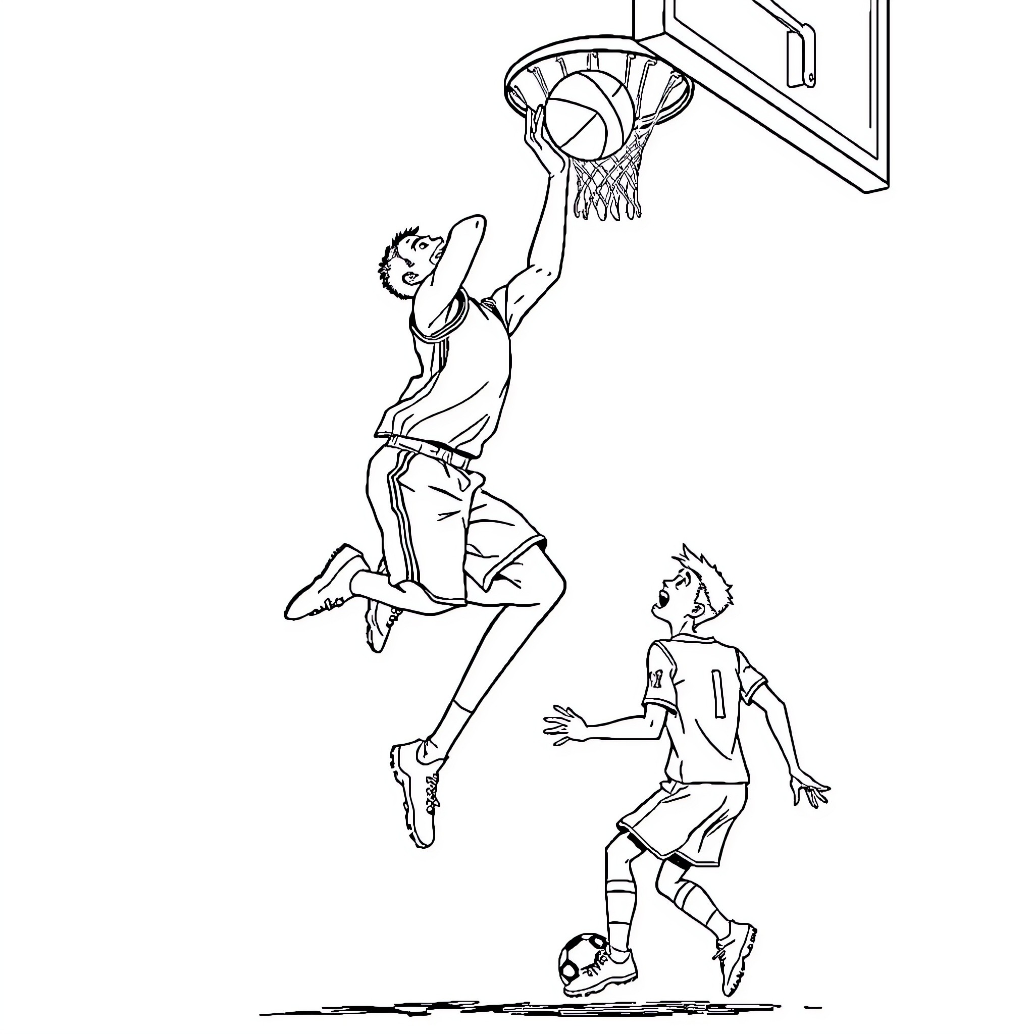 Basketball Player Dunking the Ball Coloring Page (free black-and-white line drawing printable PDF for all, from beginners to advanced learners, including children, teens, adults, and seniors)
