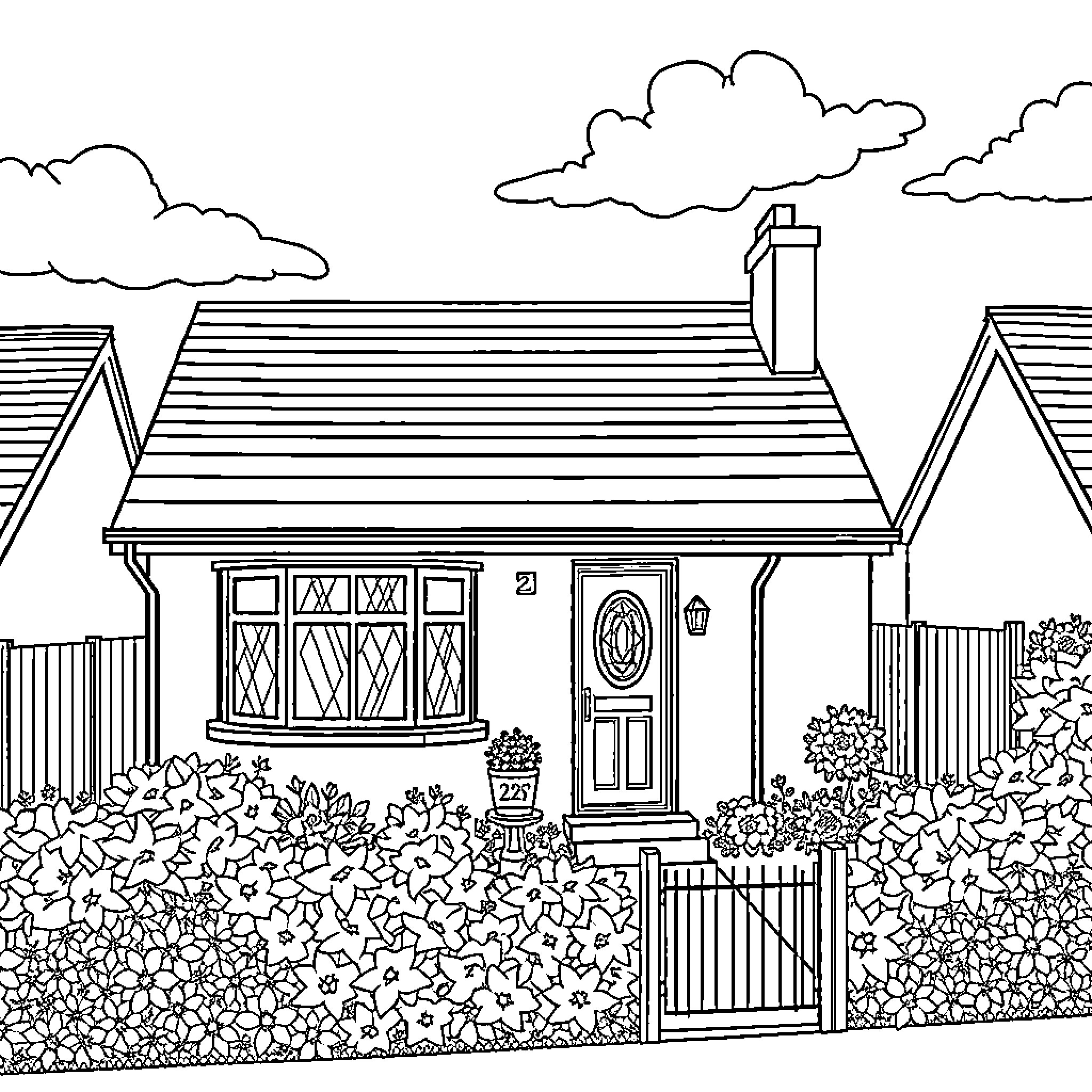 Garden Cottage with Charming Details Coloring Page (free black-and-white line drawing printable PDF for all, from beginners to advanced learners, including children, teens, adults, and seniors)